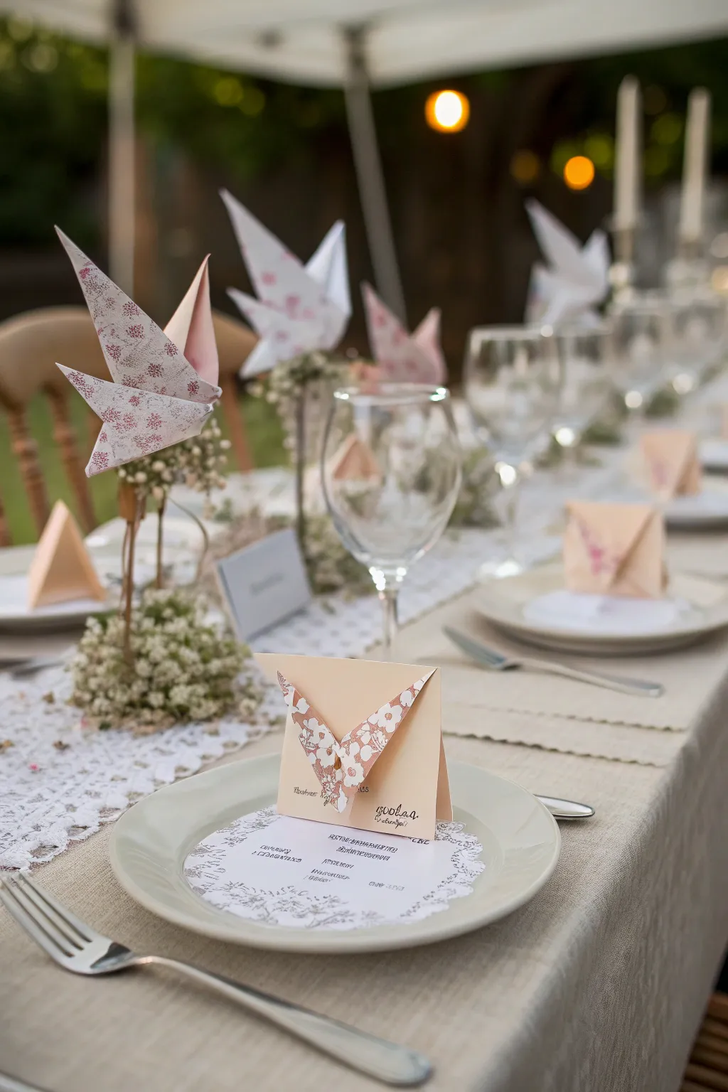 Origami name tags add a playful and artistic flair.