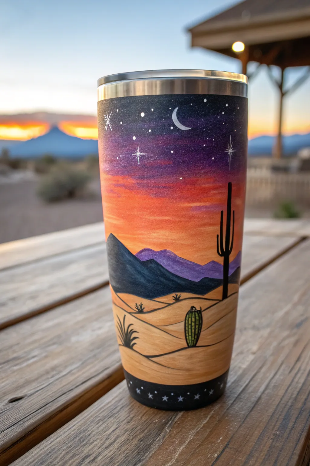 Capture the serenity of the desert with this beautifully crafted sunset tumbler.
