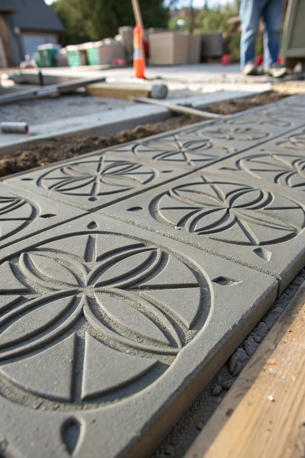 Elevate your patio with modern geometric elegance carved into wet cement.