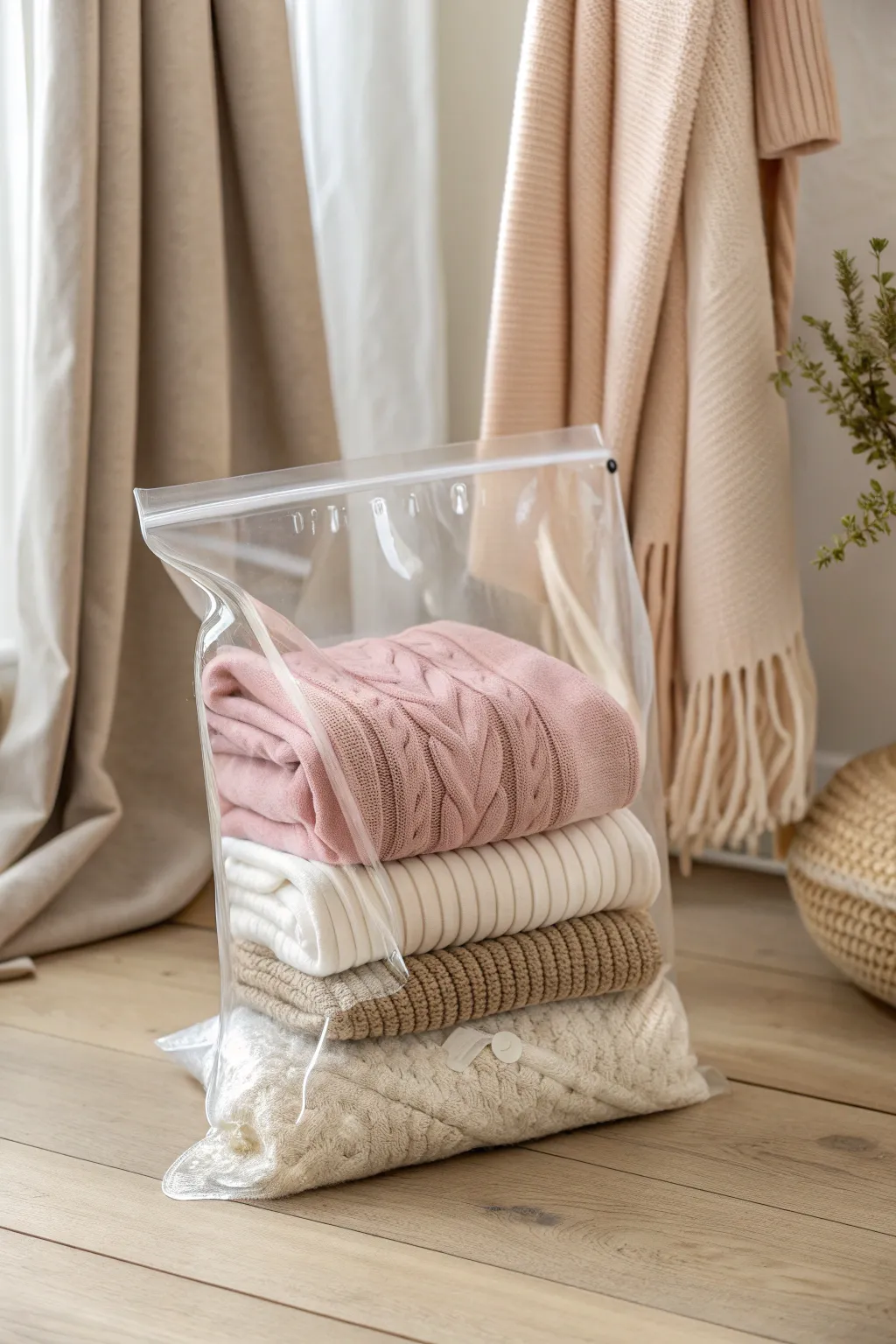 Transform your wardrobe space with the elegance of vacuum-sealed seasonal clothing.