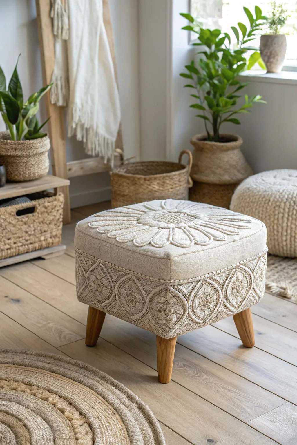 Transform your space with a chic, carpet-covered ottoman for a touch of minimalist elegance.