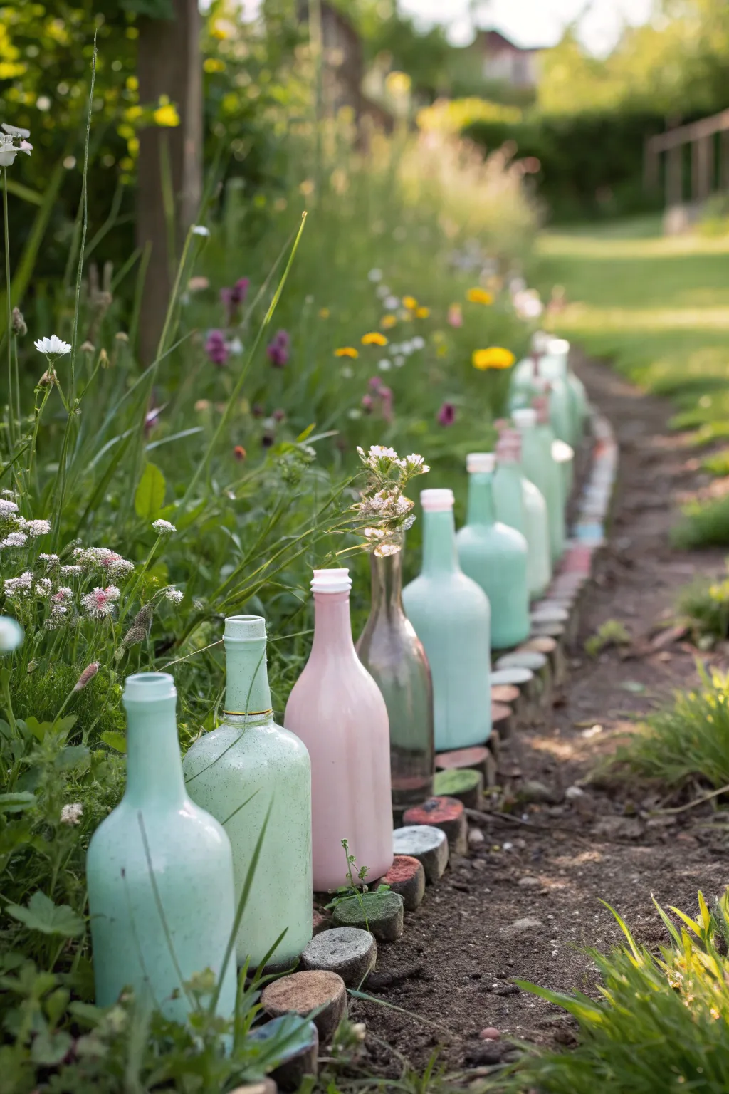 Transform your garden paths with a touch of whimsy and sustainability by using buried glass bottles as a colorful edging.