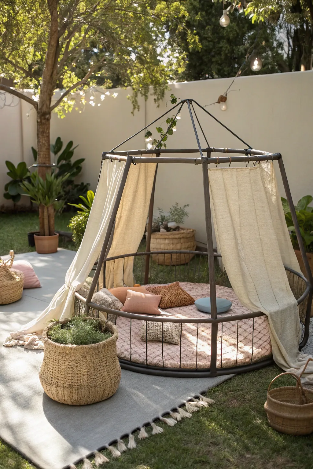 Transform your old trampoline into a beautiful boho pet playpen, blending style and safety effortlessly.