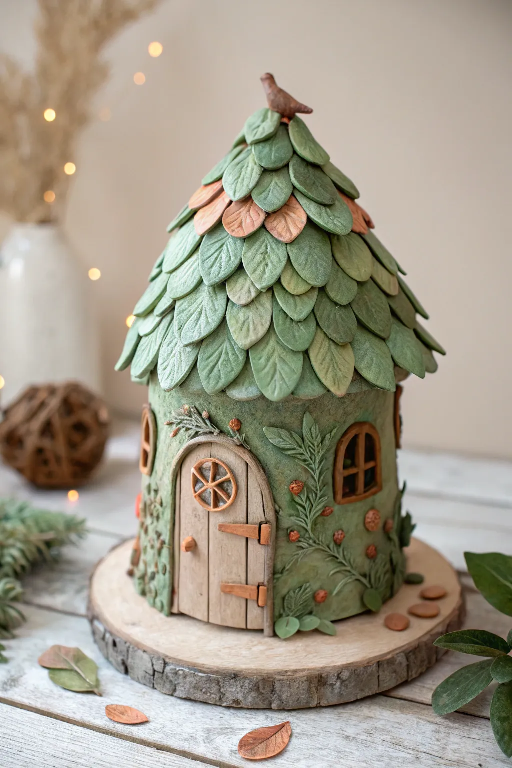 Discover the enchantment of a Leaf Roof Wonder, where whimsy meets craftsmanship in a charming clay fairy house.