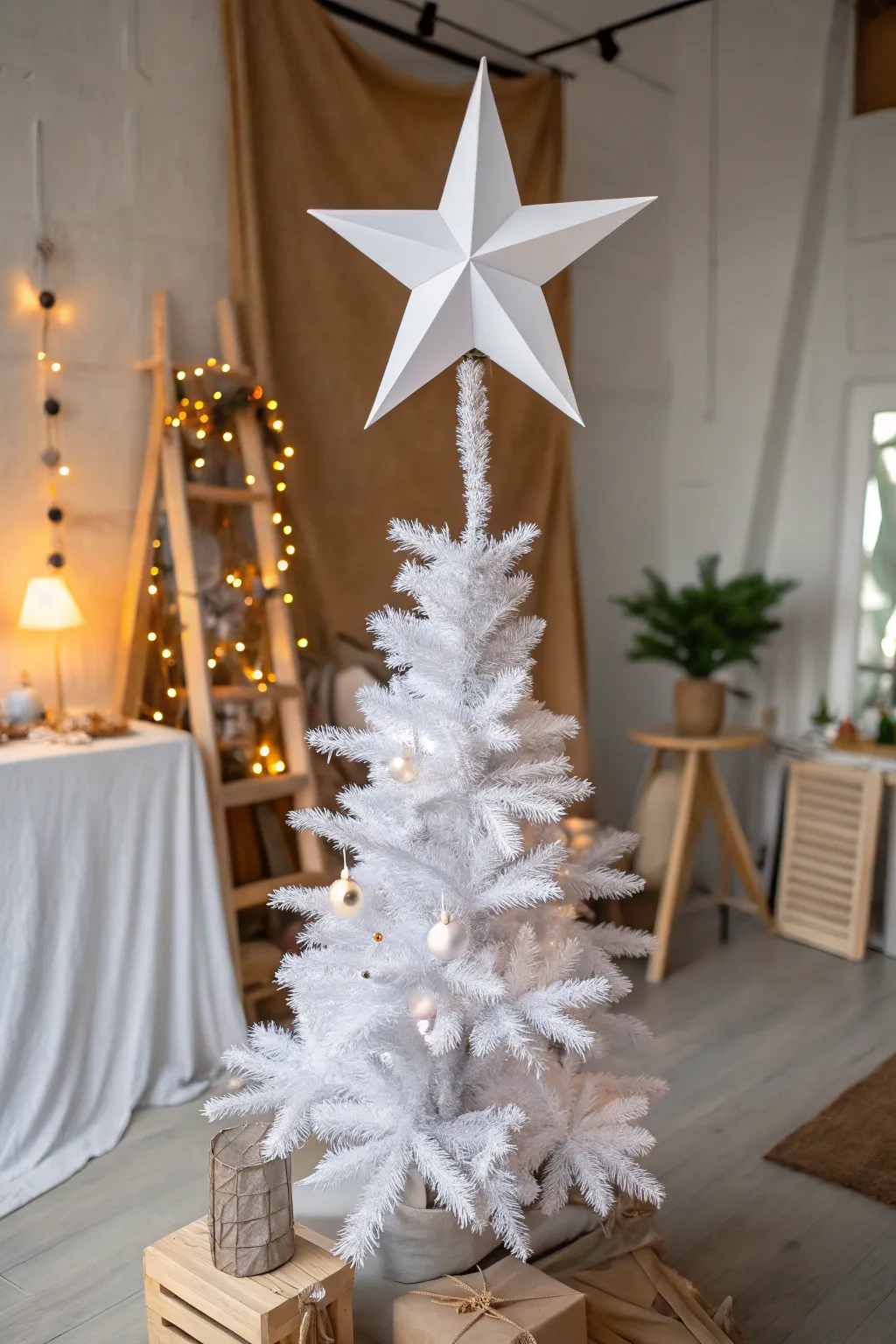 A white paper star offers a creative and lightweight tree topper.