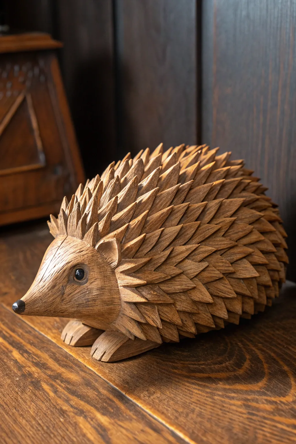 Crafted with care: A charming wooden hedgehog that brings the beauty of nature to your space.