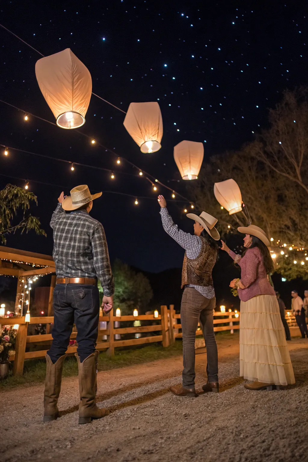 Floating lanterns create a magical party finale.