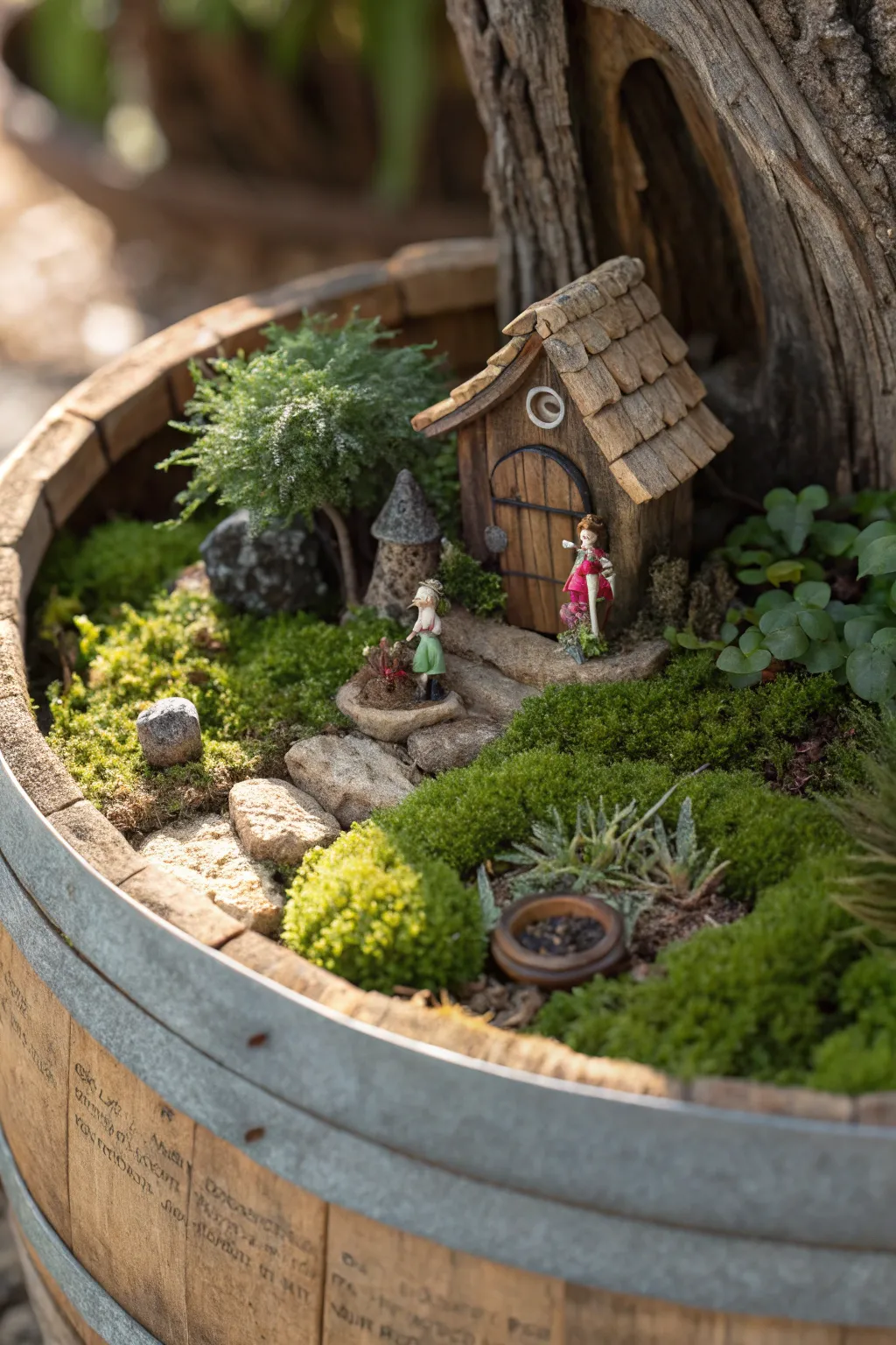 Step into a world of whimsy with this handcrafted fairy garden, where magic thrives in a wine barrel ring.