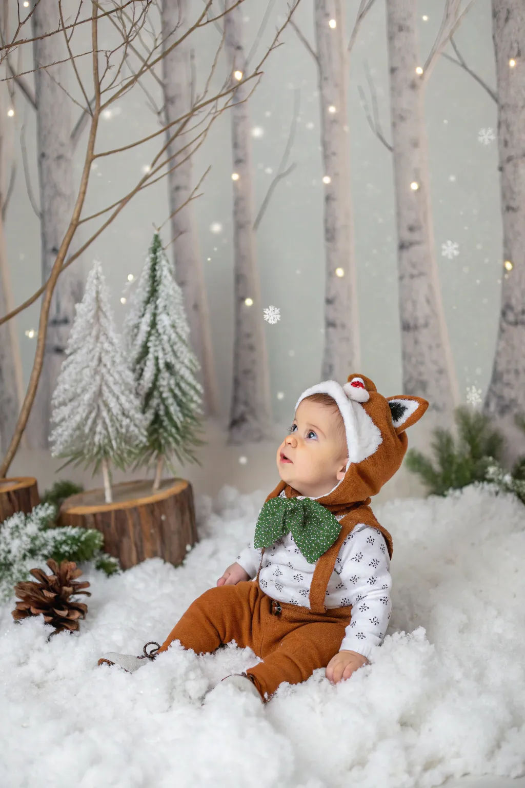Create a whimsical forest adventure for your winter photoshoot.