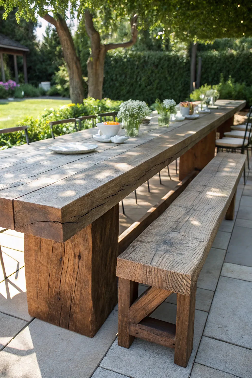 Gather in style with a handcrafted wood beam bench, your perfect outdoor dining companion.