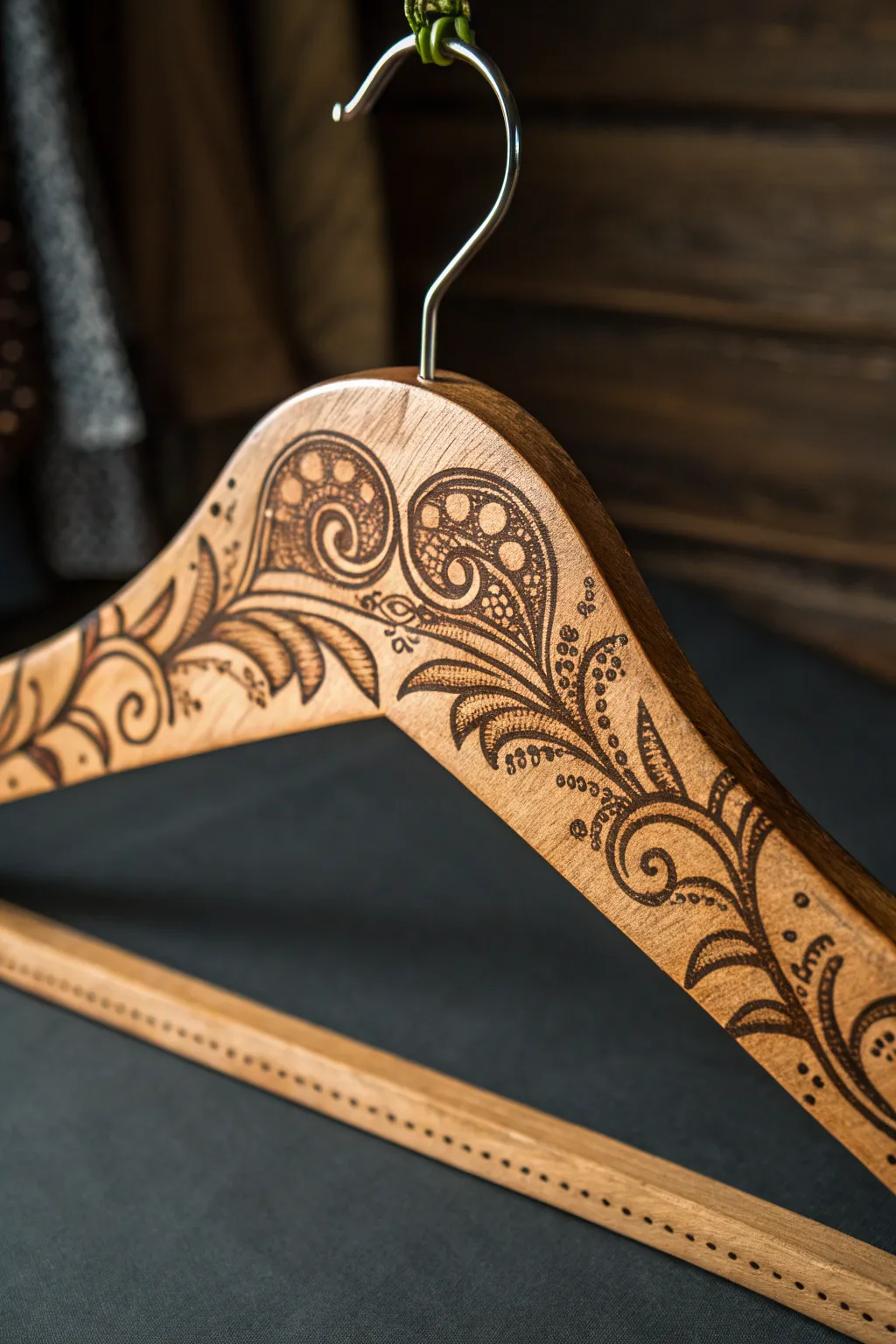 Elevate your closet with artisanal charm: Discover the beauty of wood burning art on wooden hangers.