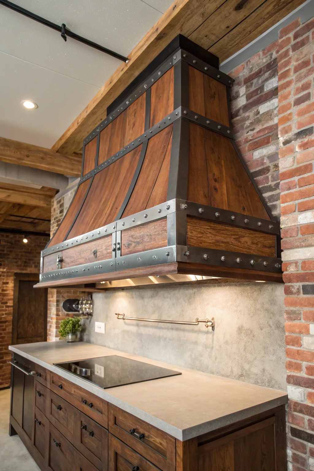 Embrace the rugged charm of industrial design with this handcrafted wood and steel range hood.