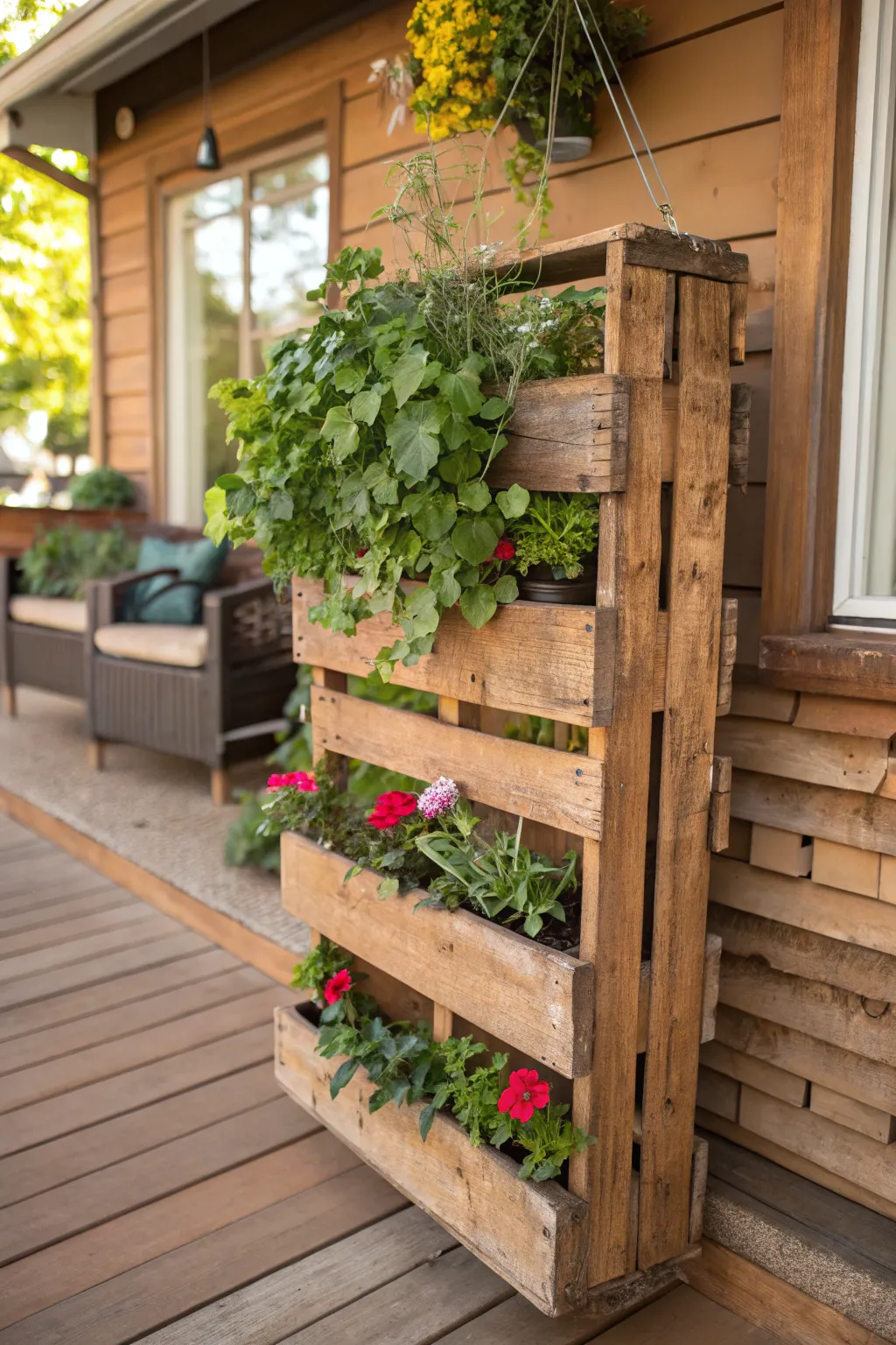 Elevate your outdoor space with this handcrafted pallet hanging garden. A perfect blend of greenery and rustic charm for your patio oasis.