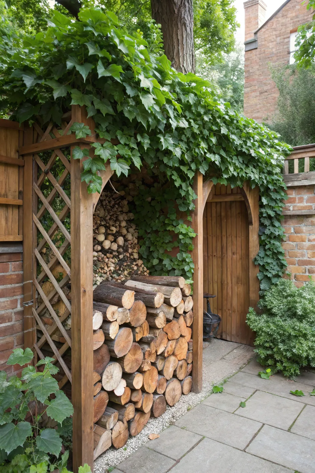 Discover the art of hidden storage with a garden wall that conceals your woodpile behind elegant craftsmanship.