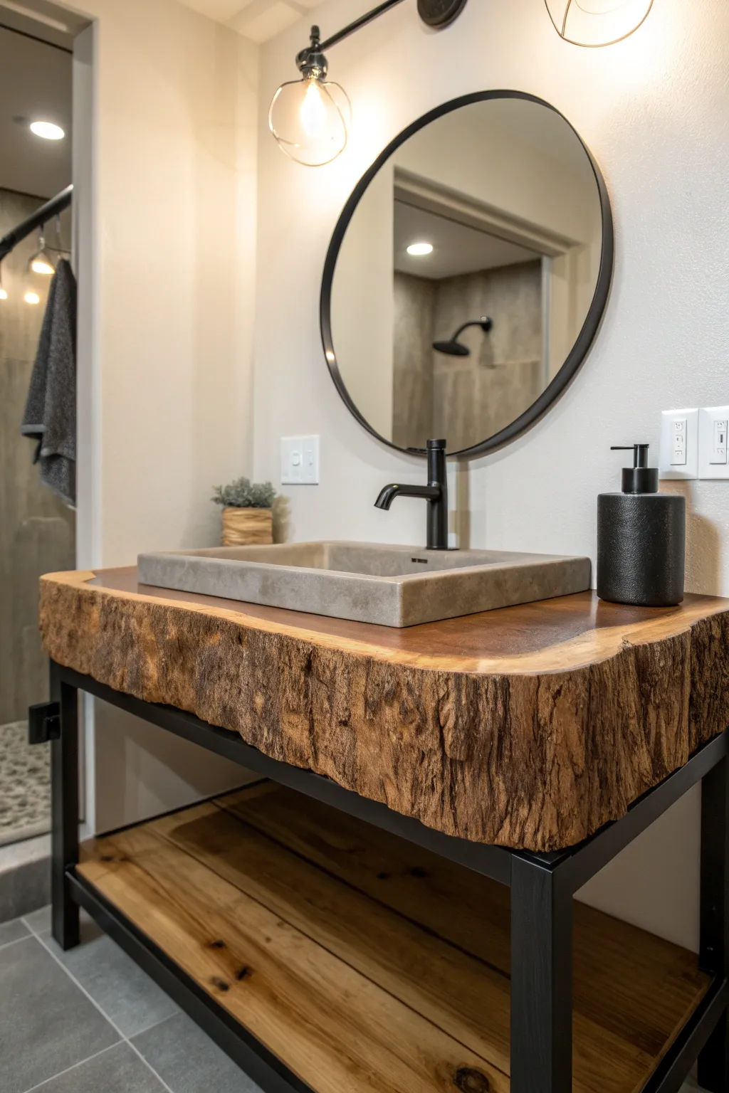Transform your bathroom into a masterpiece with a live edge wood slab vanity—where rustic charm meets modern elegance.