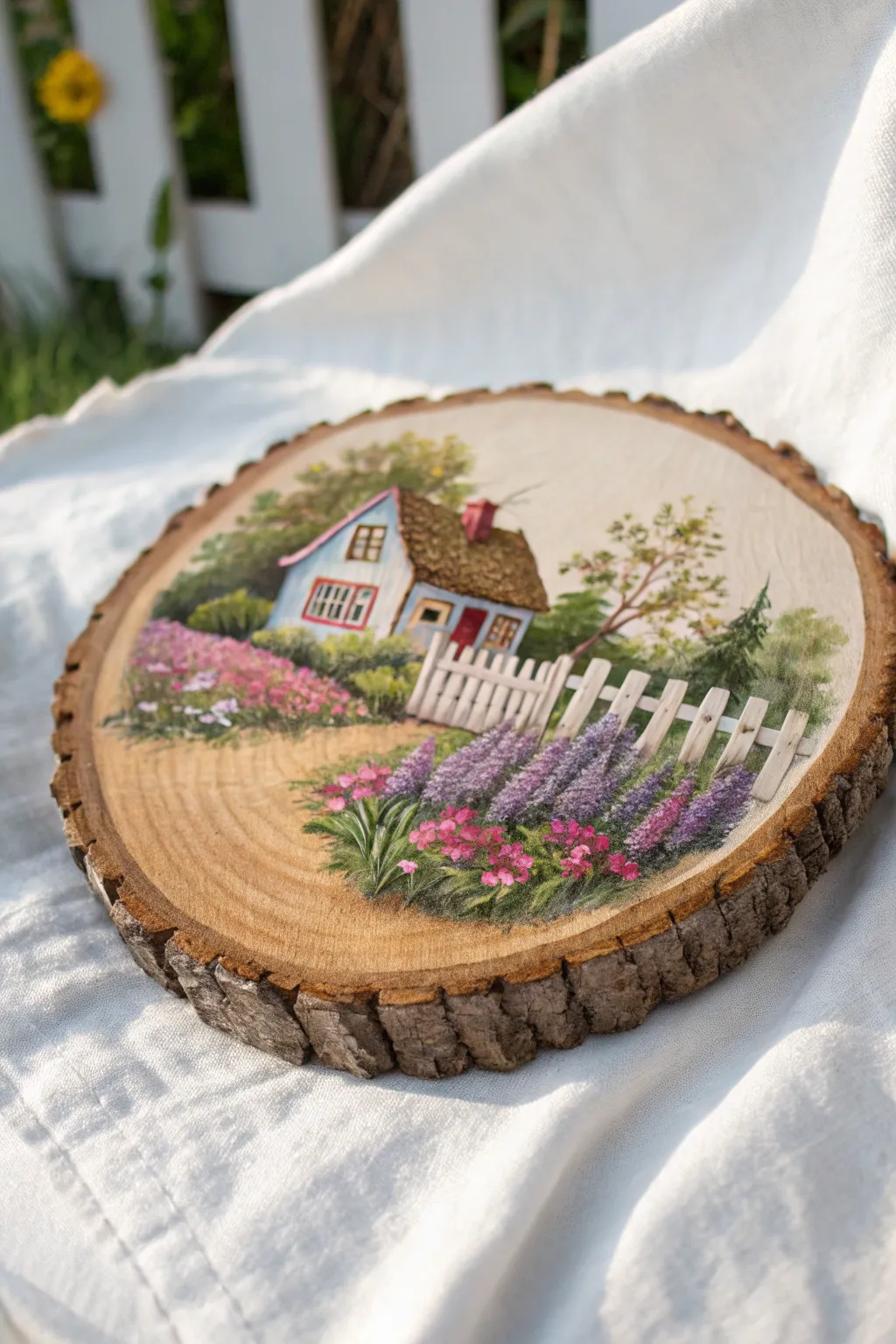 Bring the charm of a cottage garden into your home with this beautifully painted wood slice.