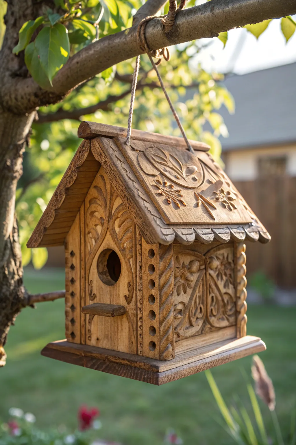 Welcome feathered friends with this elegantly crafted wooden birdhouse, a perfect blend of nature and craftsmanship.
