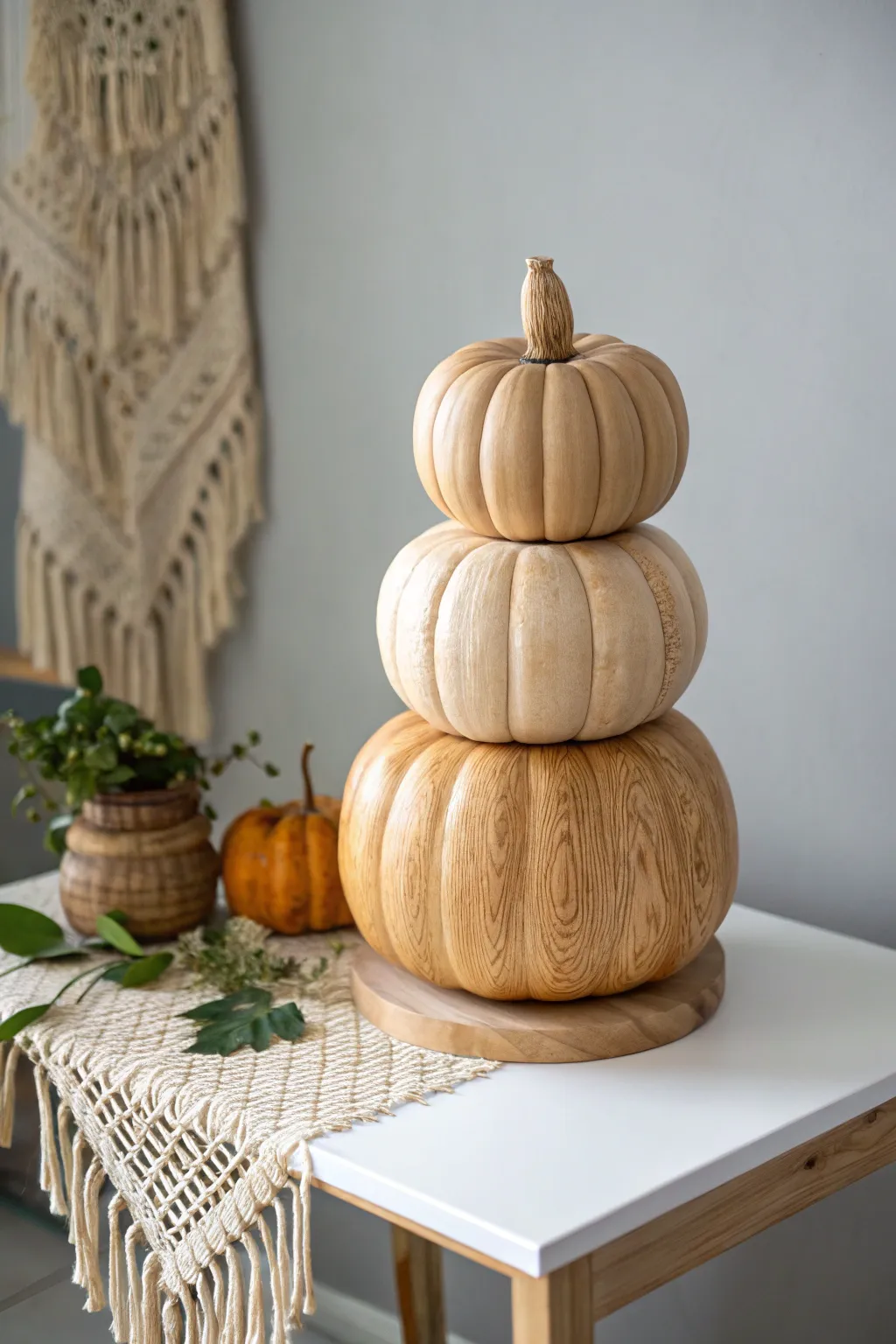 Elevate your decor with a stunning wooden pumpkin topiary, where simplicity meets natural elegance.