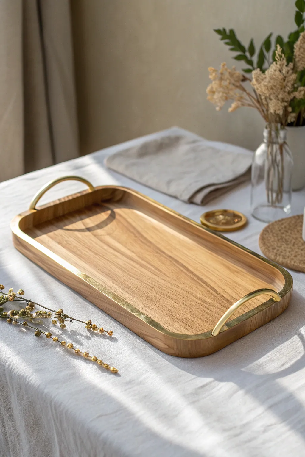 Elevate your decor with this stunning wooden tray featuring chic metallic accents.