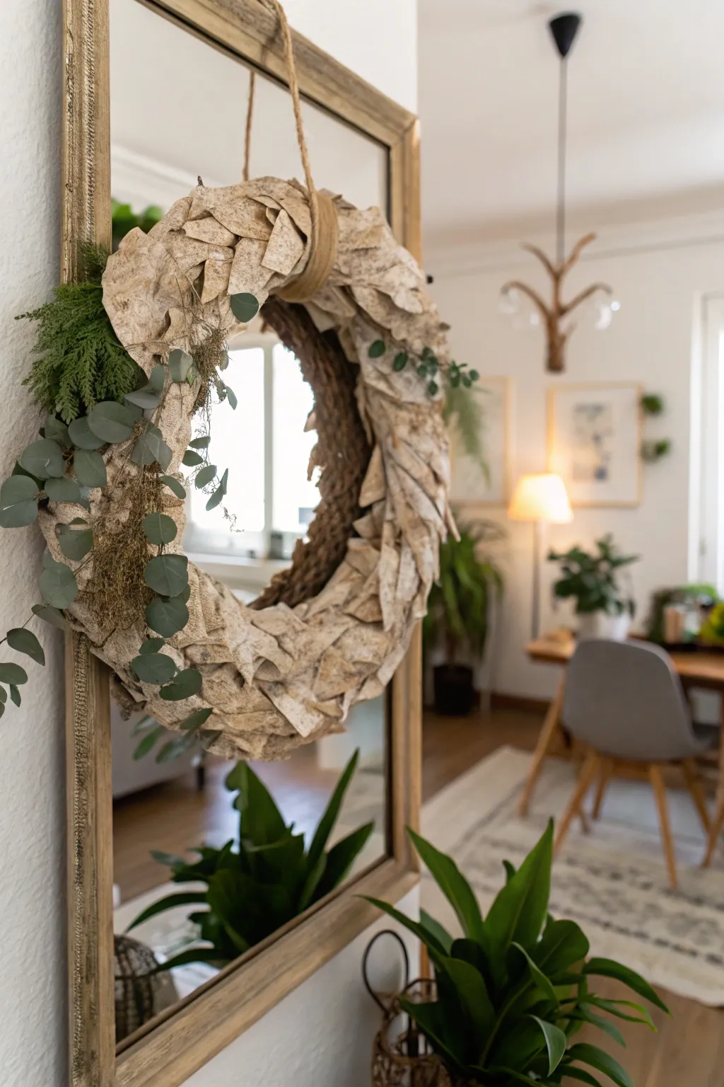 A recycled paper wreath offers a sustainable and creative touch.