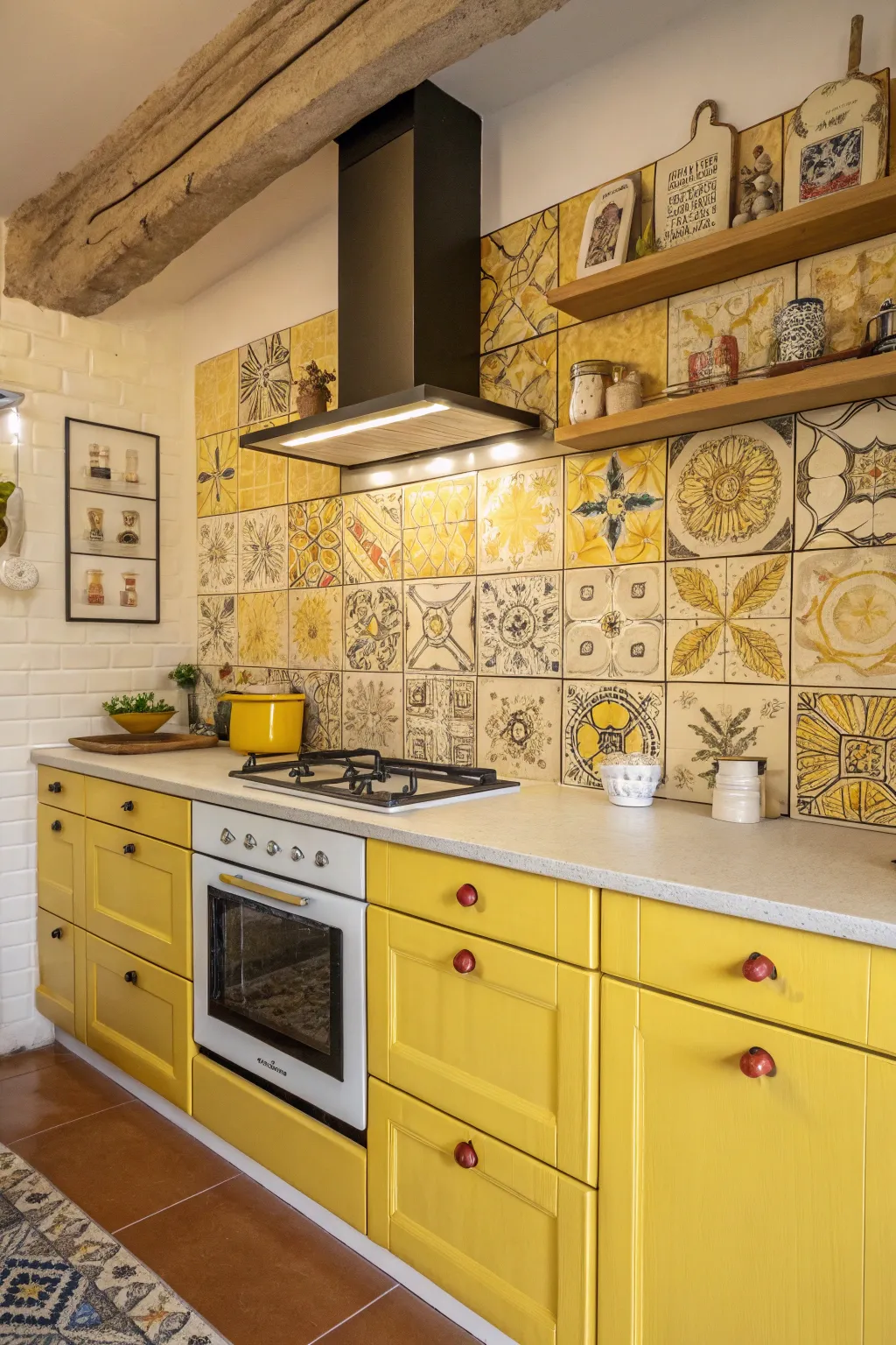 Art-inspired yellow tiles make a bold statement in this creative kitchen.