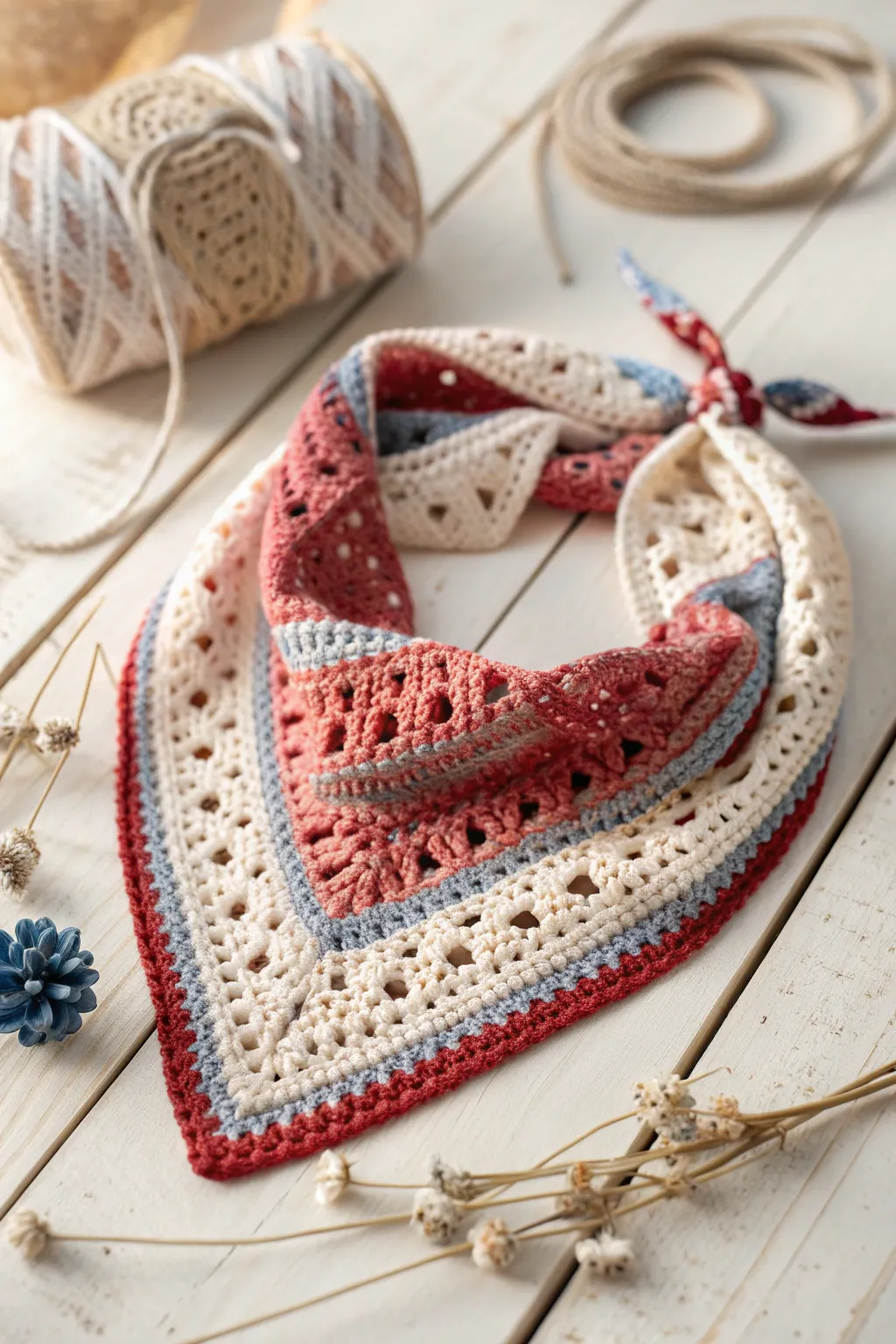 Elevate your 4th of July style with a chic crochet bandana, where simplicity meets elegance.