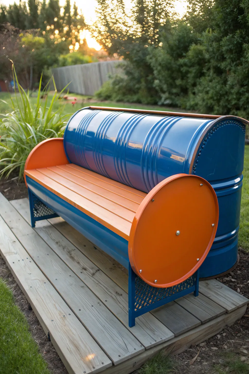 Transform your garden with this bold, upcycled bench made from a 55-gallon drum, perfect for enjoying your morning coffee in style.