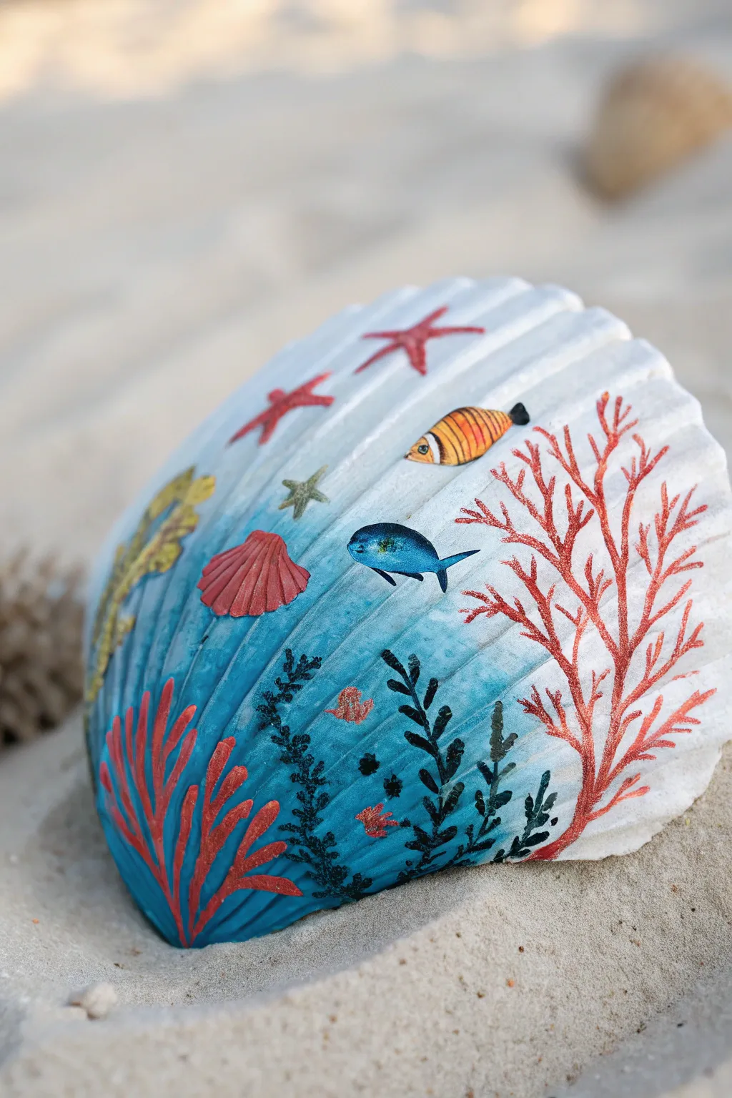 Dive into serenity with this beautifully painted seashell, capturing the essence of vibrant underwater landscapes.