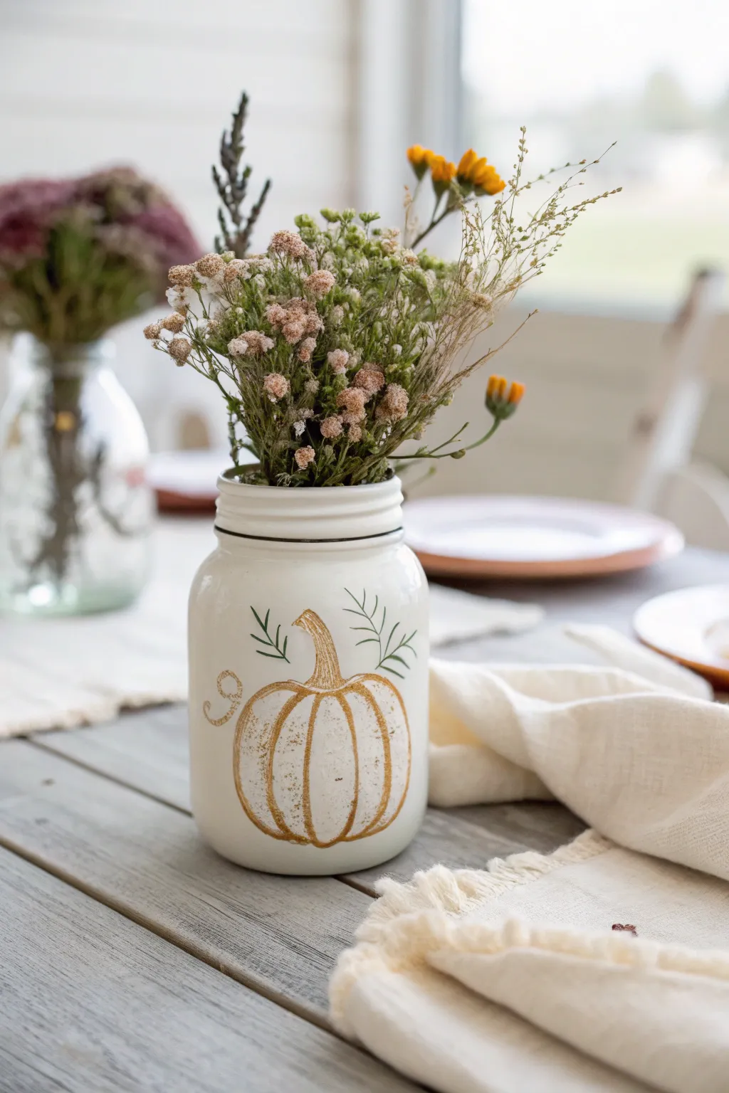 Craft your Thanksgiving decor with simplicity and elegance—painted pumpkin mason jars for a touch of natural beauty.