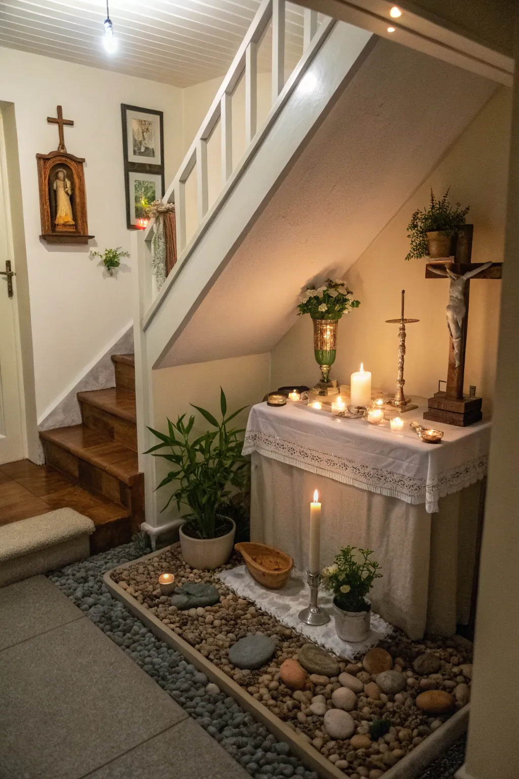A staircase nook altar turns unused space into a spiritual haven.