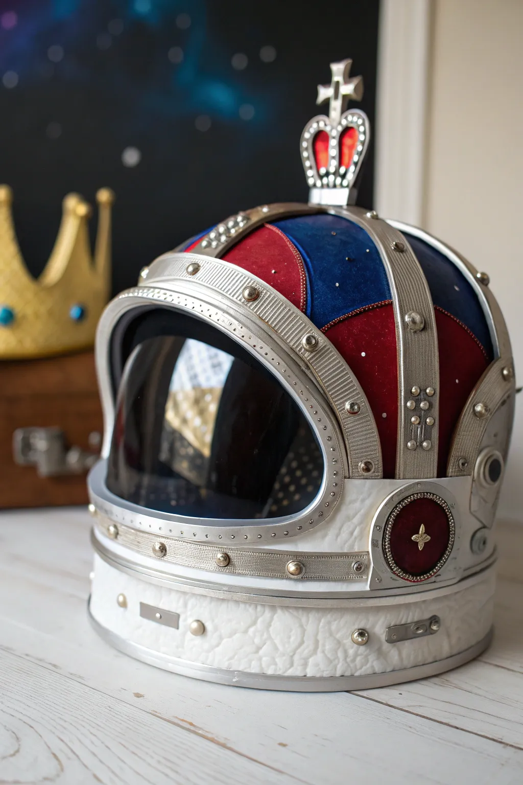 Elevate your space-themed party with a handcrafted astronaut helmet crown, where artistry meets the cosmos.