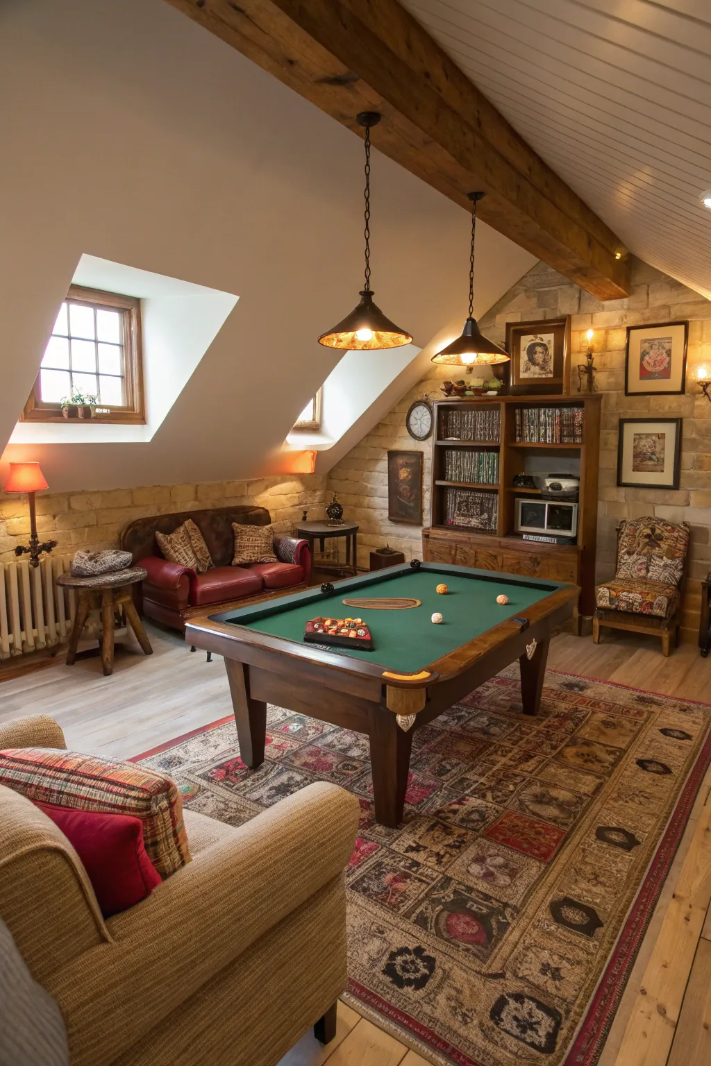 A fun attic game room for family entertainment.