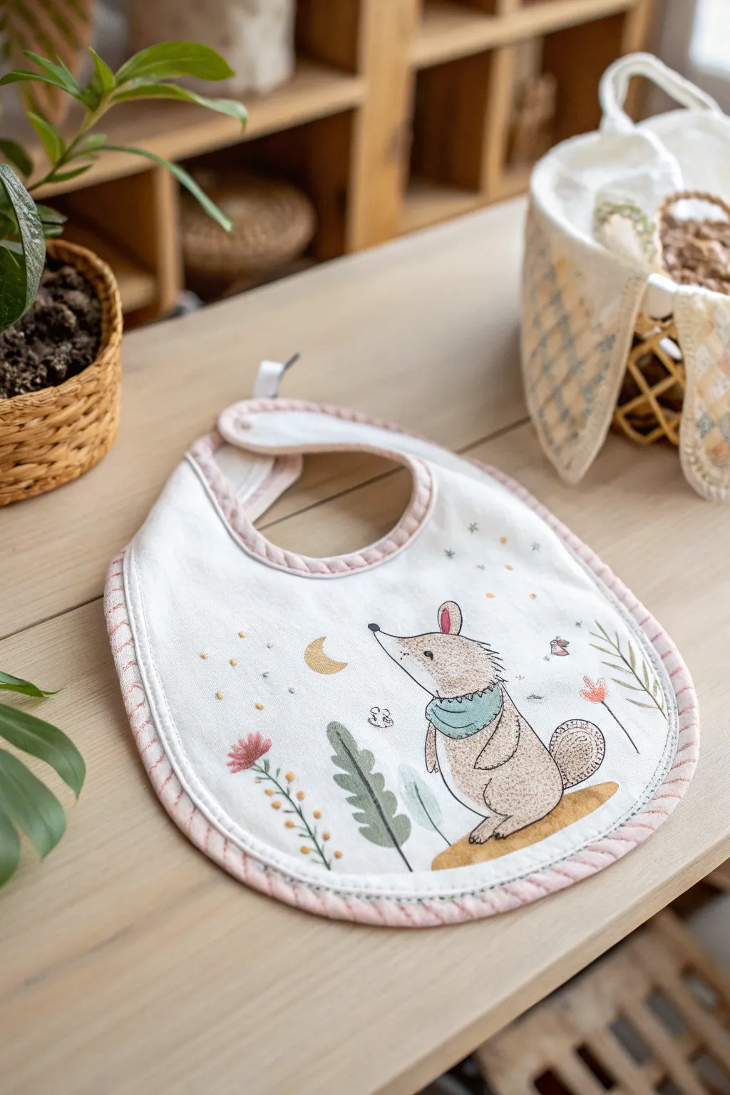 Meet the whimsical friend on our handcrafted baby bib – where quirky characters bring storytime to life in style.