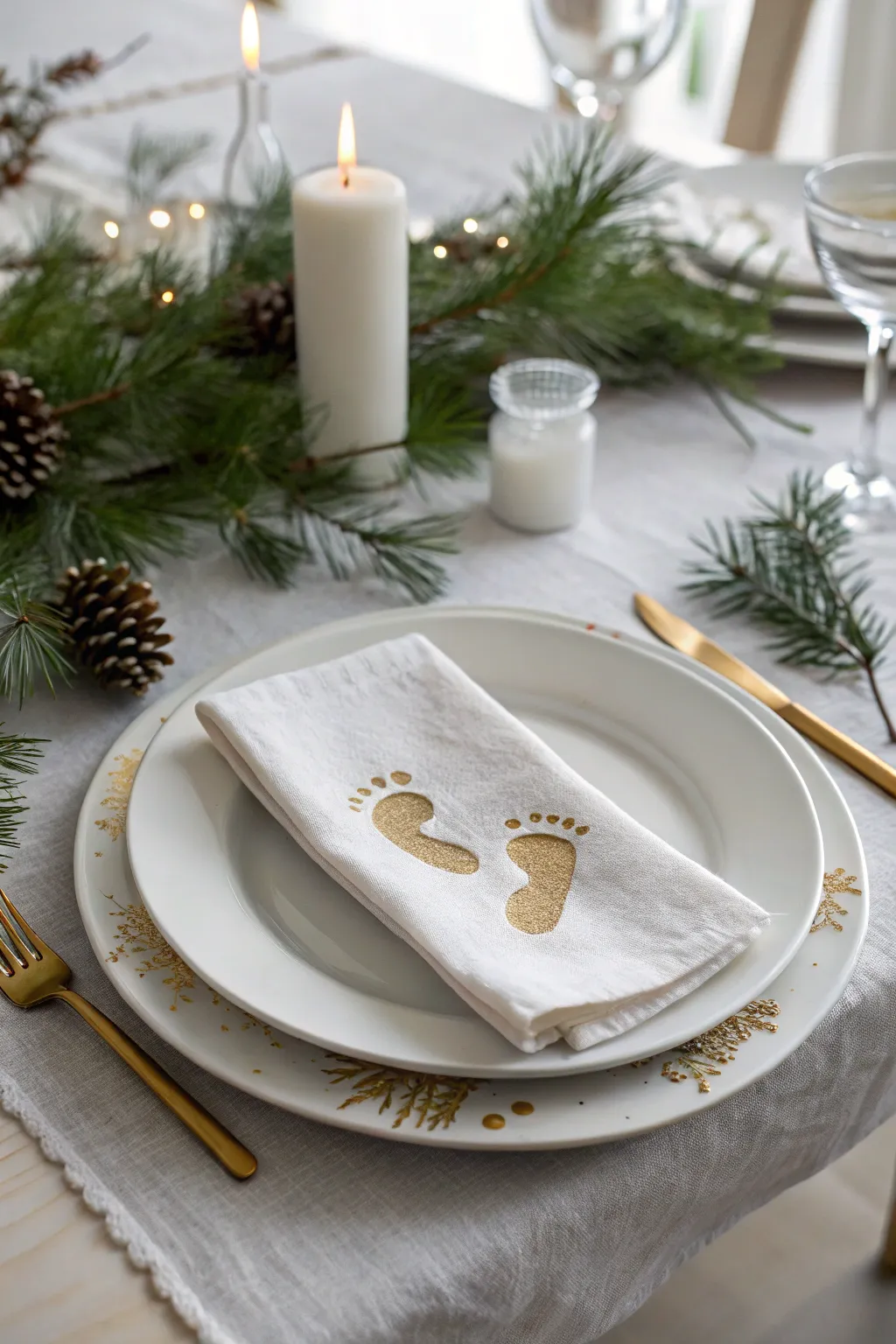 Add a personal touch to your holiday table with charming baby footprint place settings.