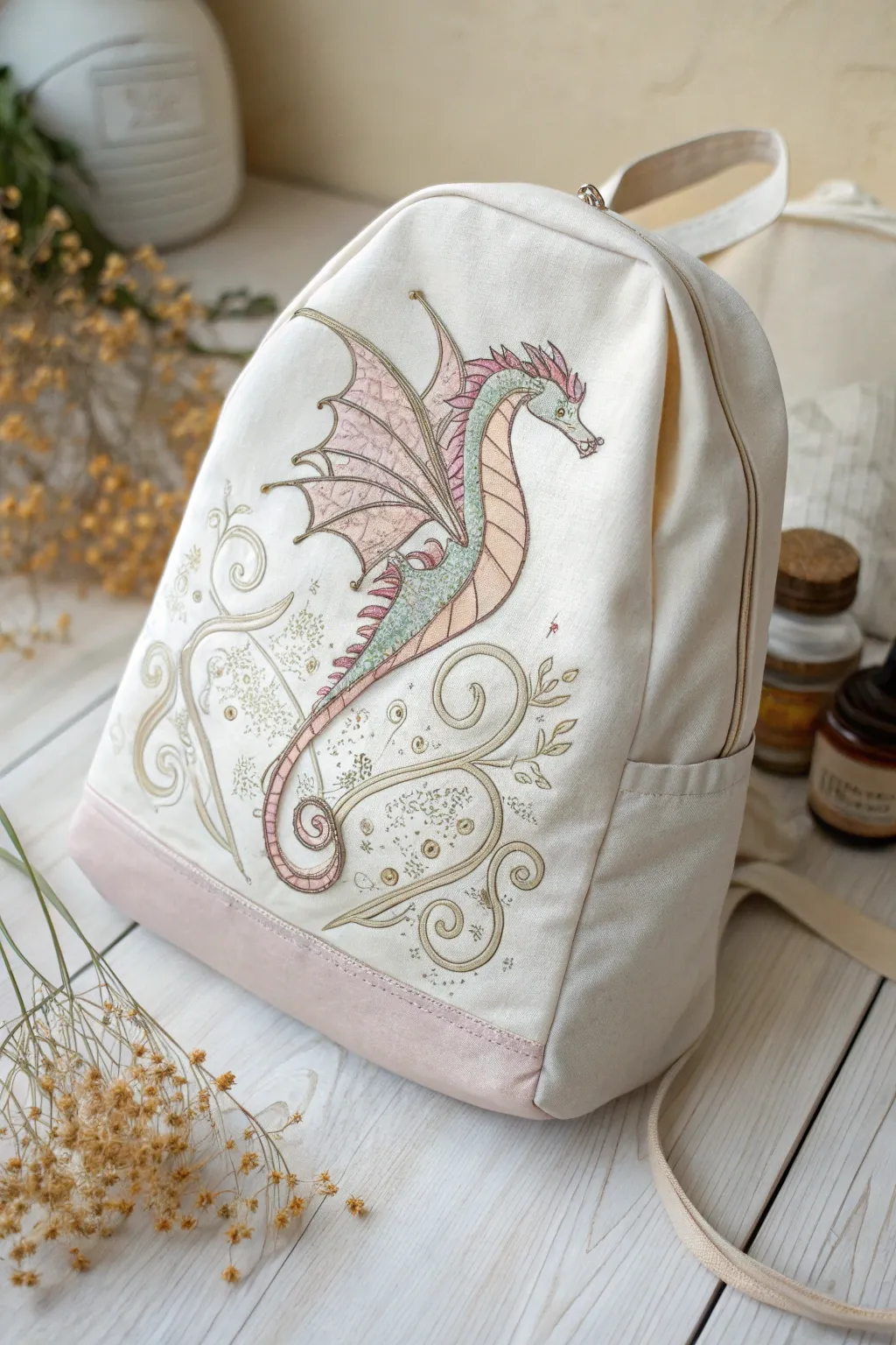 Add a touch of magic to your style with enchanting dragon embroidery. ✨🧵 #FantasyCrafts #BackpackArt