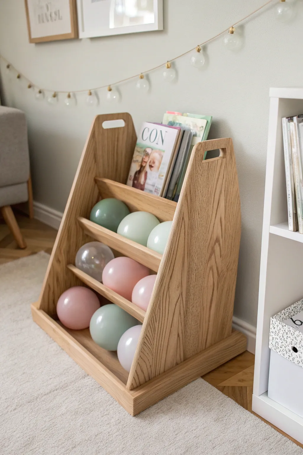 Elevate your storage game with minimalist elegance—magazine holders for a chic balloon organization solution.