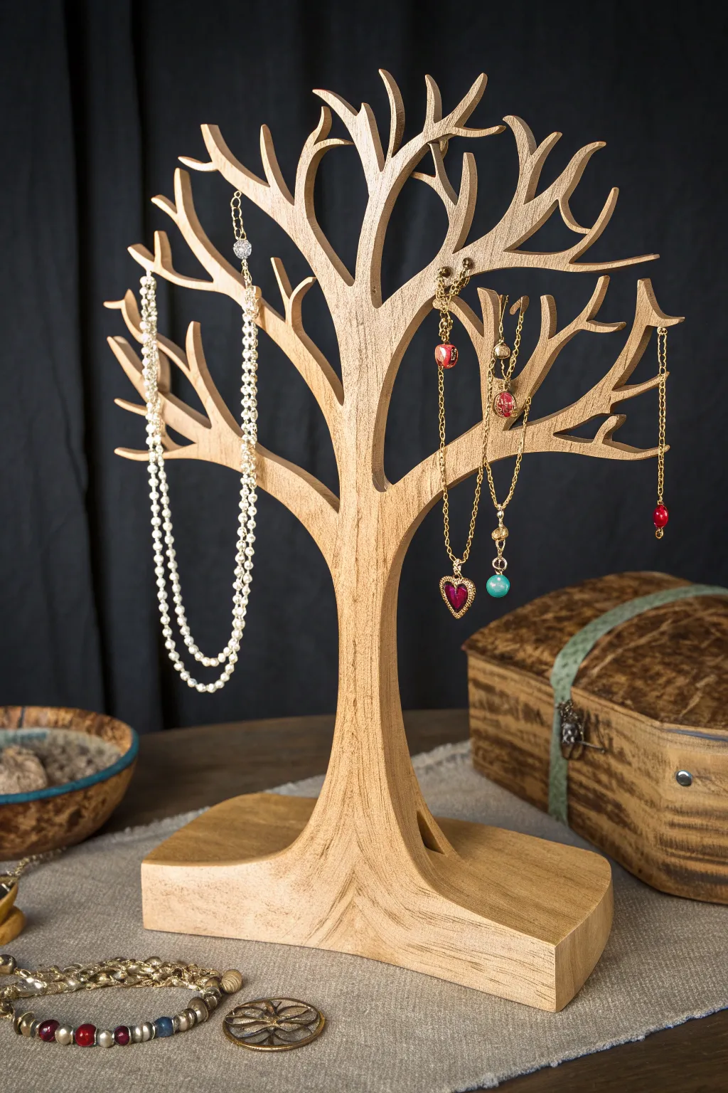 Exquisite balsa wood artistry meets practical elegance in this tree-like jewelry holder.