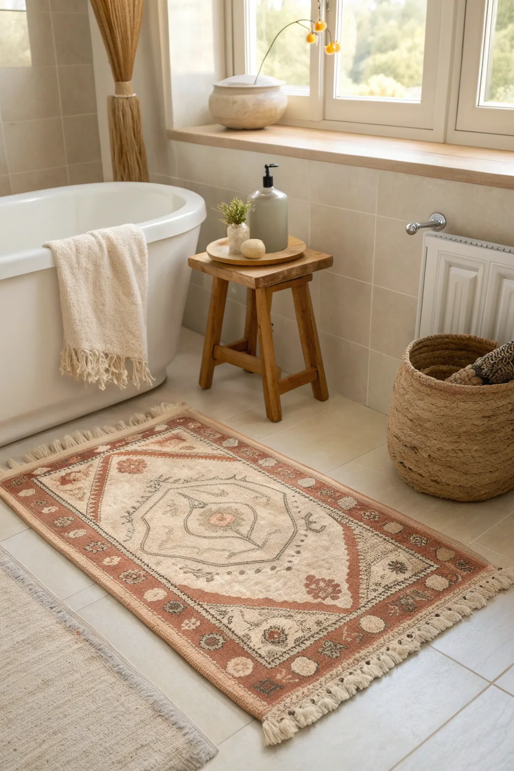 Infuse your bathroom with timeless elegance using a charming vintage rug.