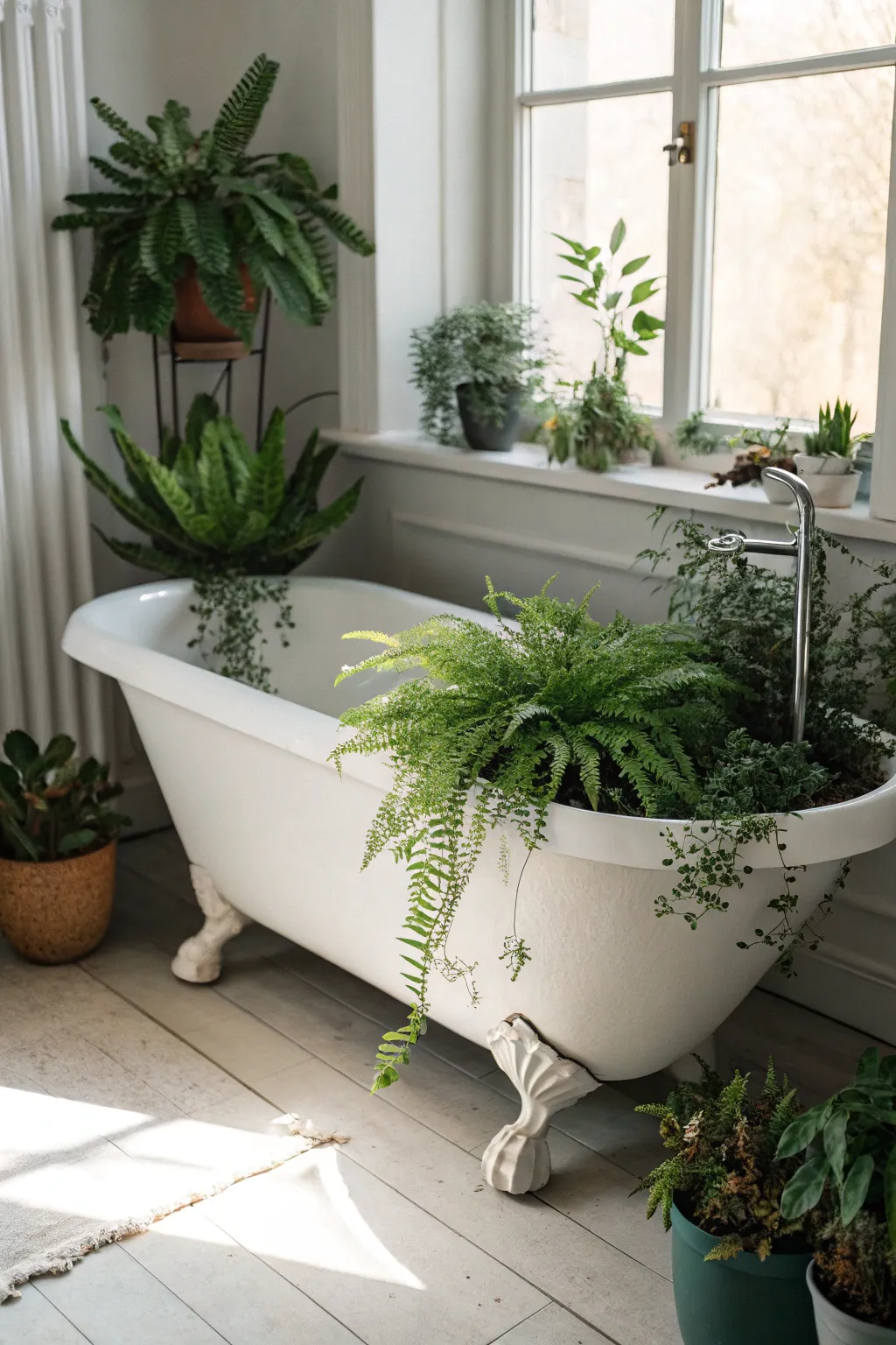 Transform your space with minimalist elegance: a vintage bathtub planter that brings tranquility and natural beauty indoors.