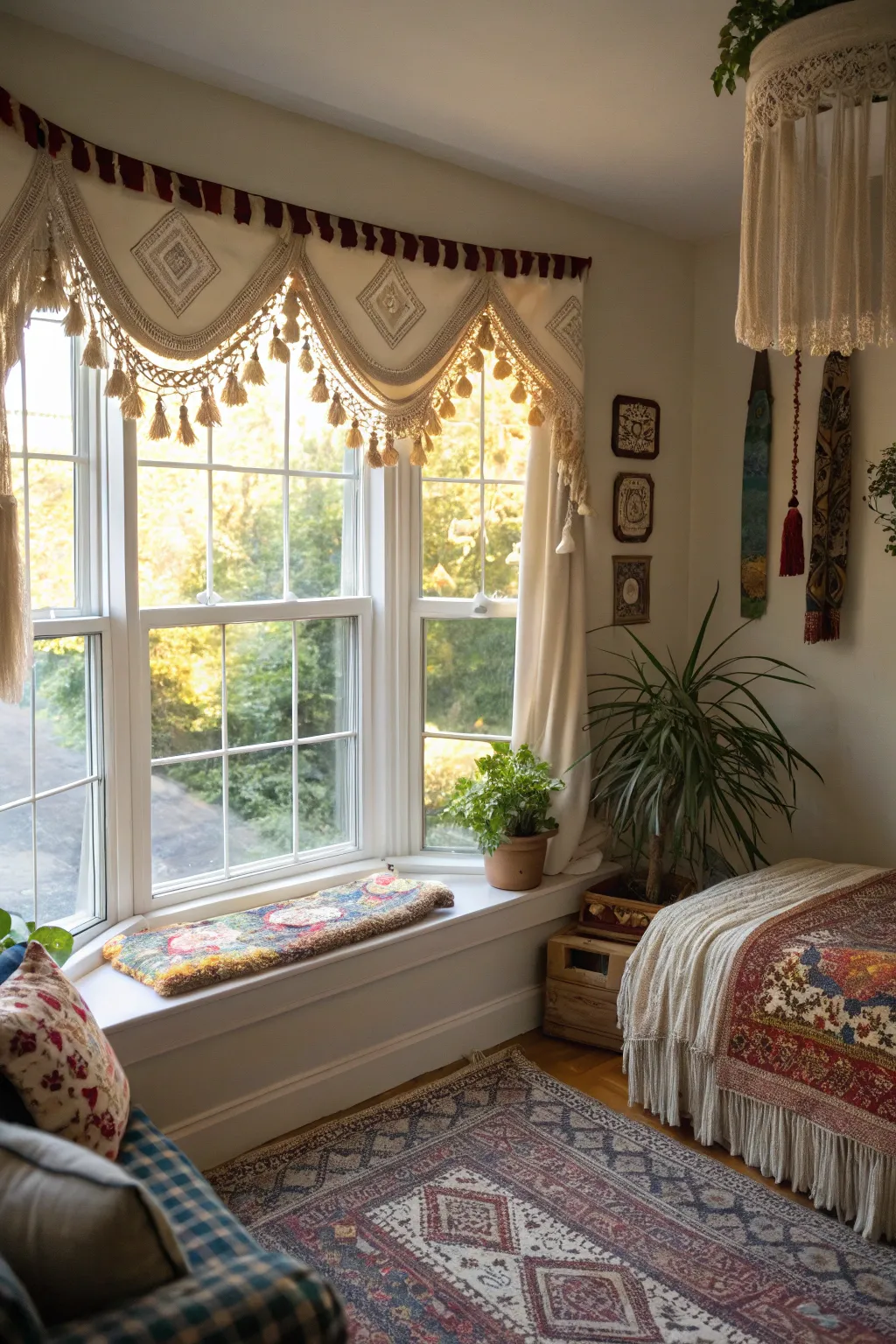 Whimsical valances with tassels in a bohemian bedroom.