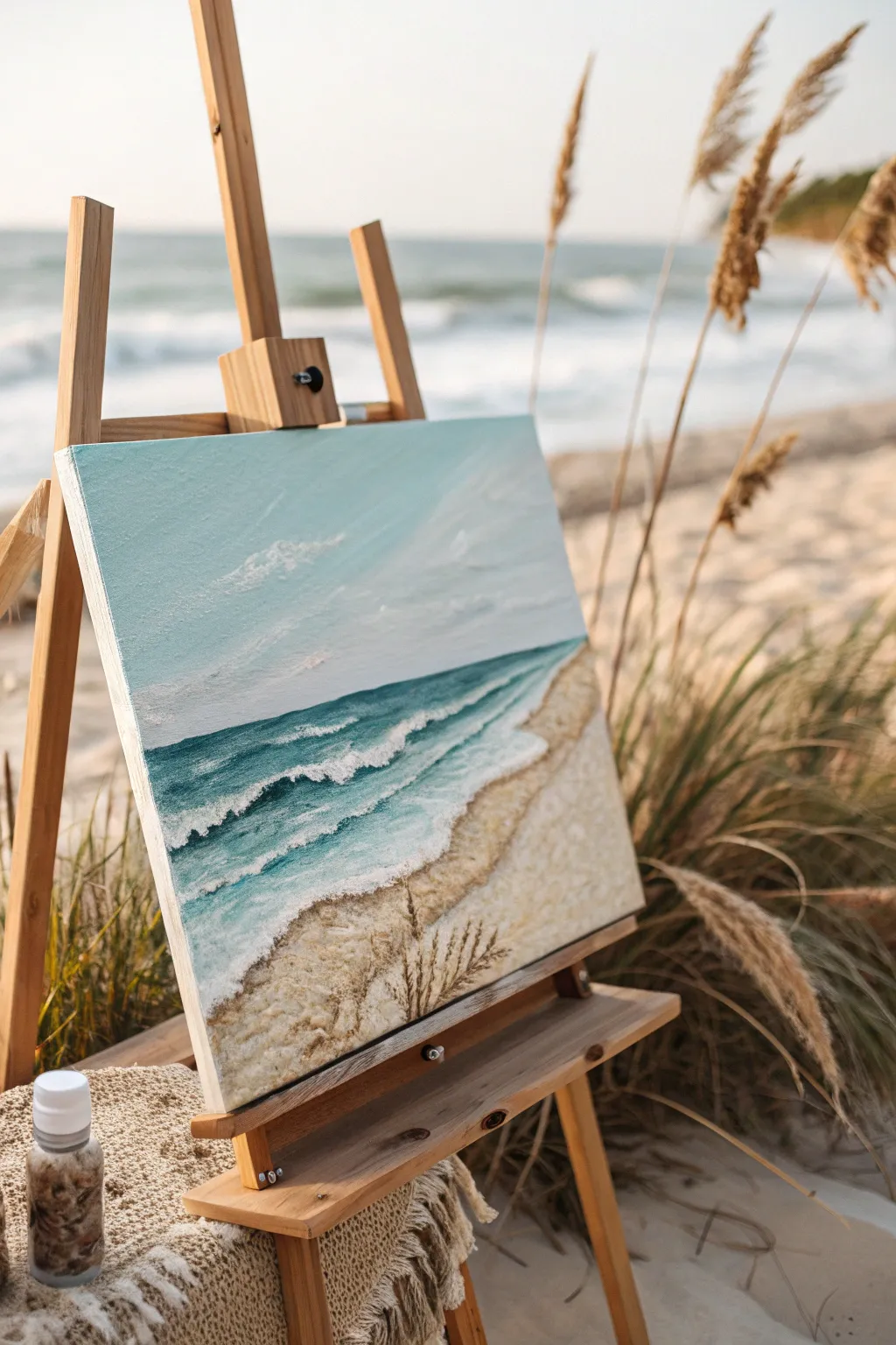 Feel the serenity of the beach with this interactive textured art piece, where simplicity meets natural beauty.