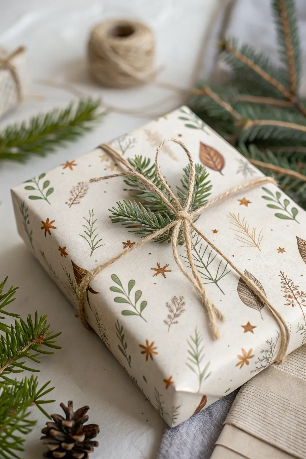 Elevate your gift wrapping with botanical prints and a hint of greenery for a timeless, nature-inspired look.
