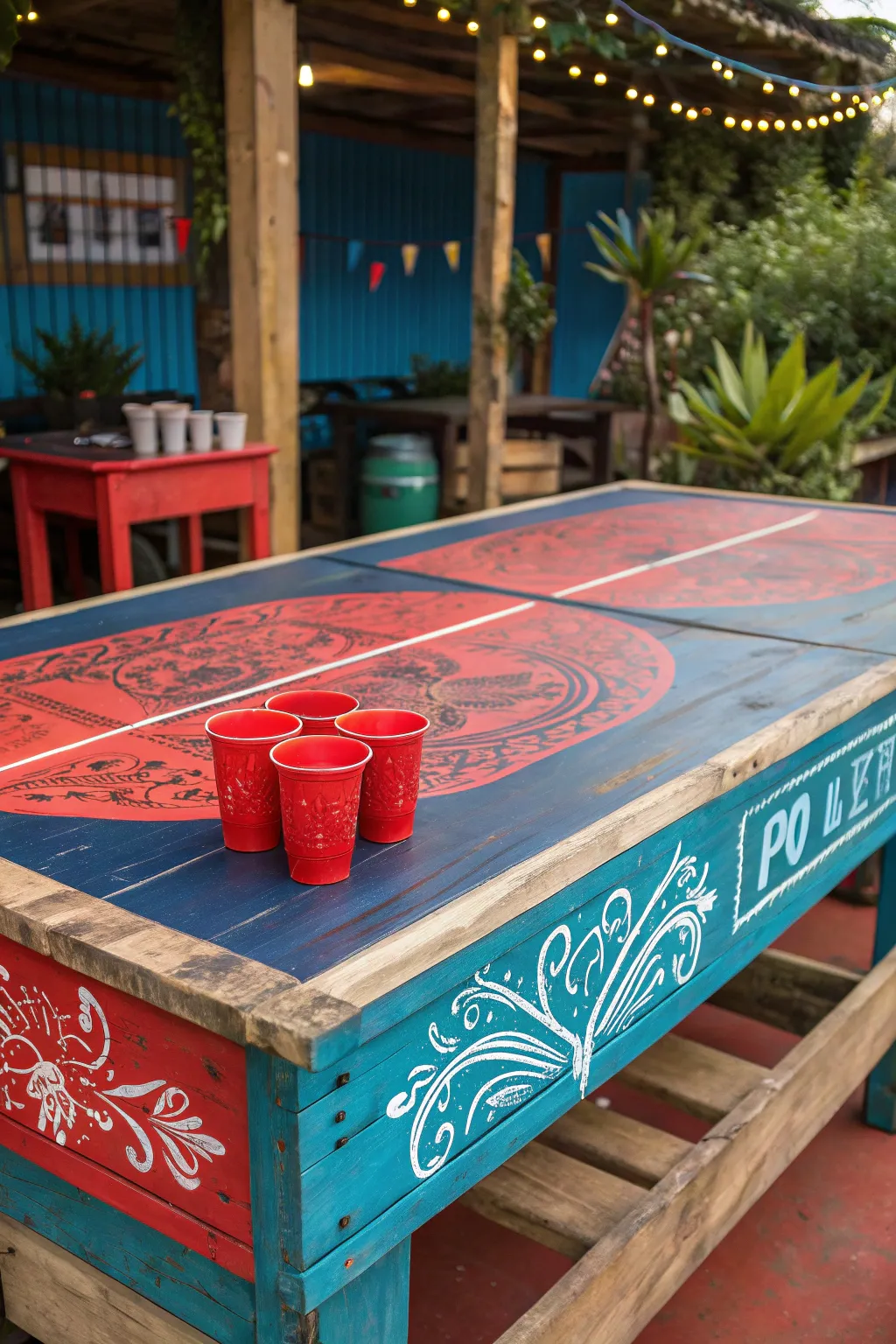 Transform your game night with an upcycled beer pong table that combines bold colors and craftsmanship. #UpcycledCharm #GameNight