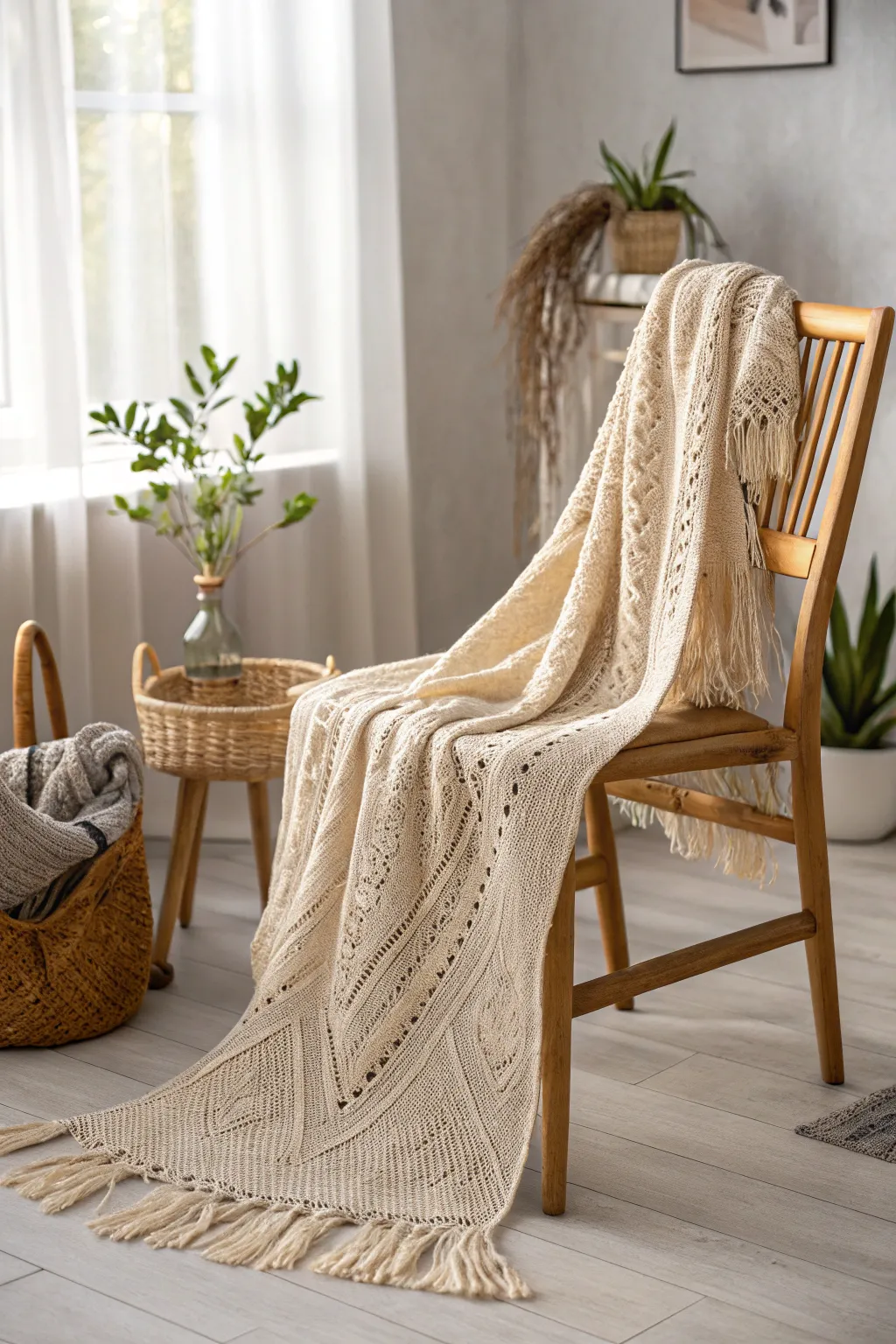 Wrap yourself in the warmth of simplicity with this elegant, hand-knitted shawl.