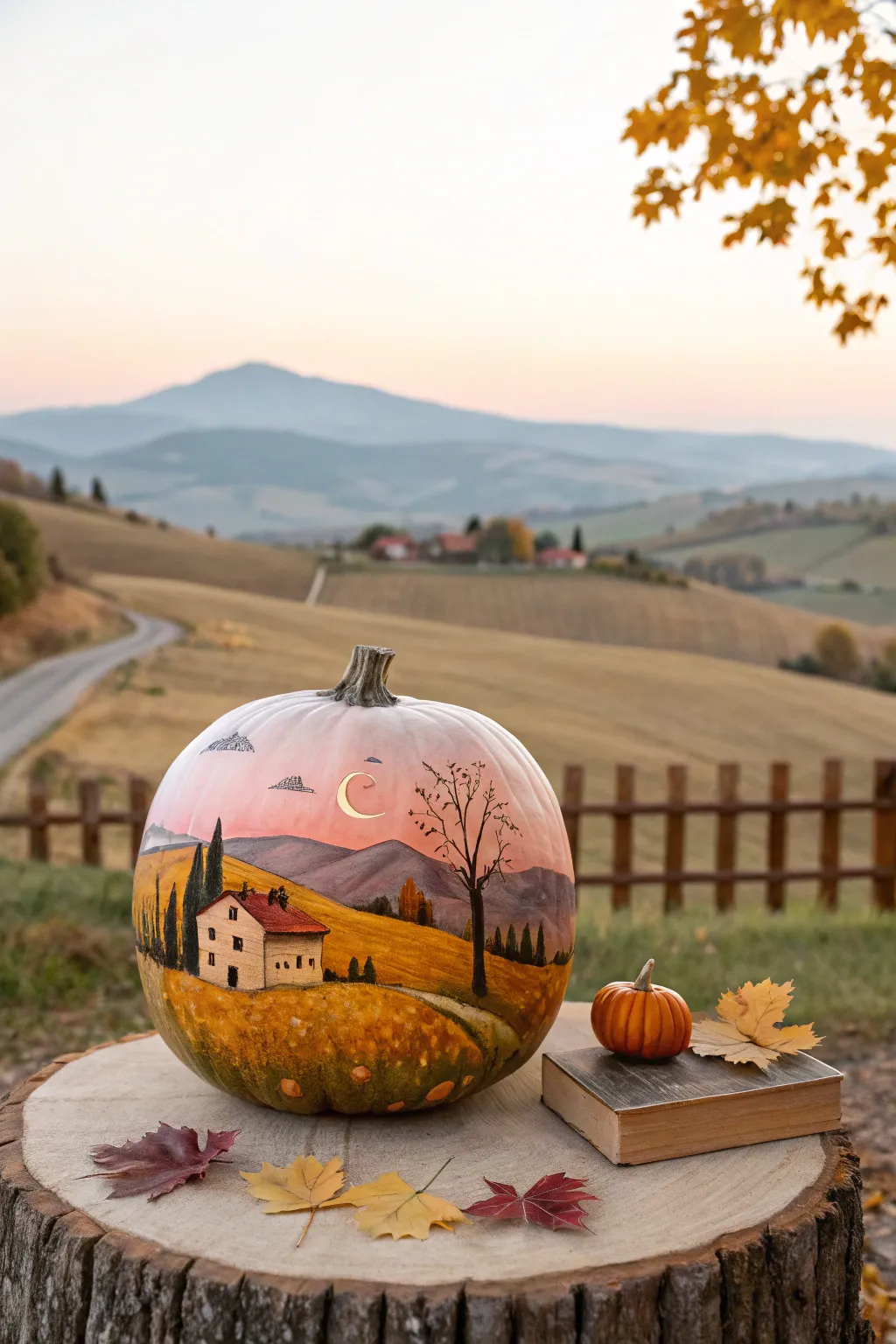 Transform your pumpkin into a serene autumn masterpiece, capturing the beauty of the countryside.