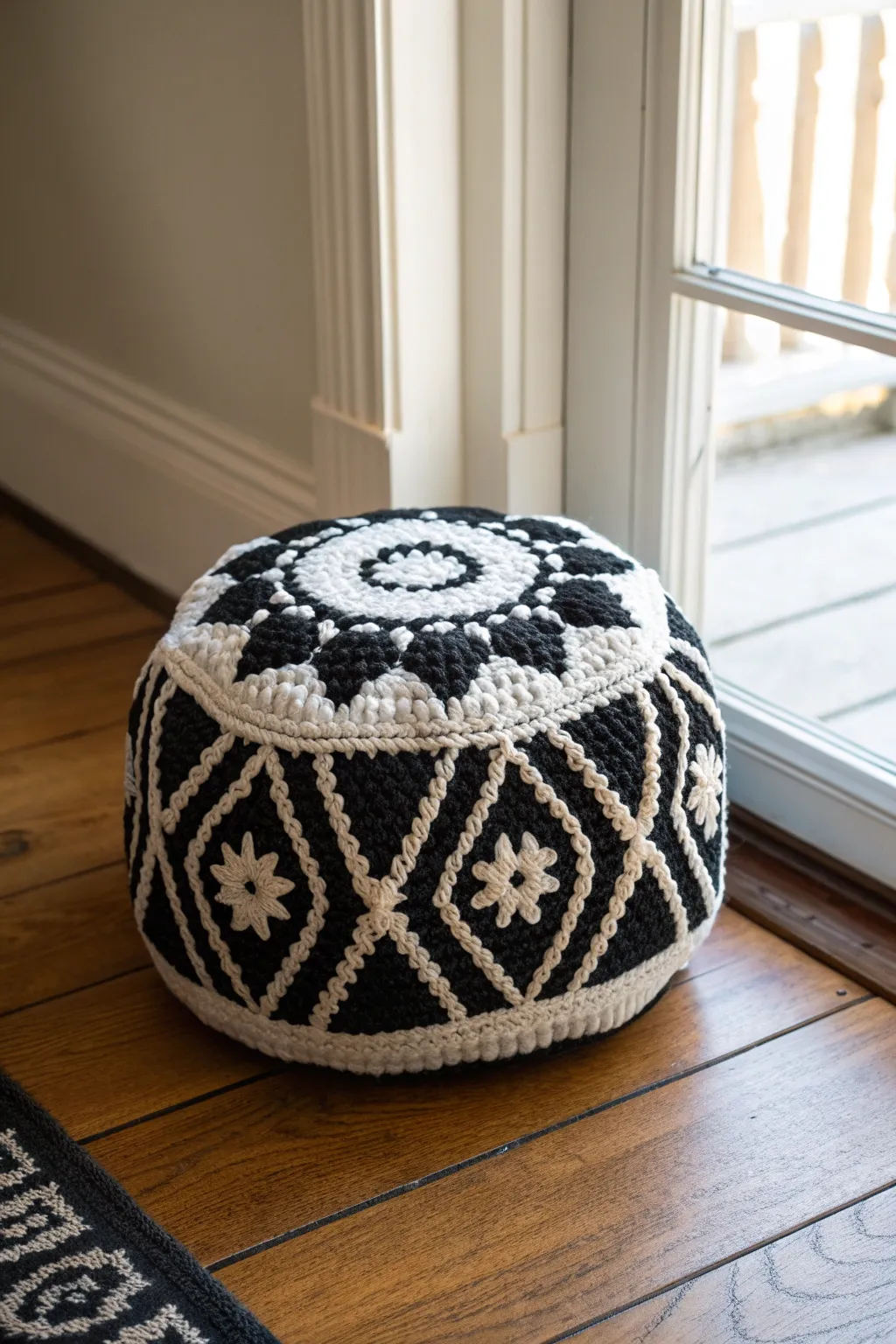 Add a touch of elegance and functionality to your home with this stunning black and white crochet doorstop.