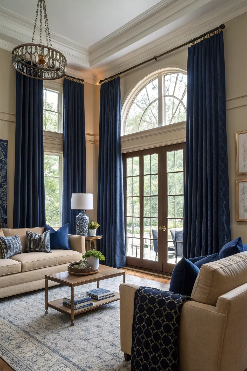 Dramatic navy curtains adding elegance to the room.