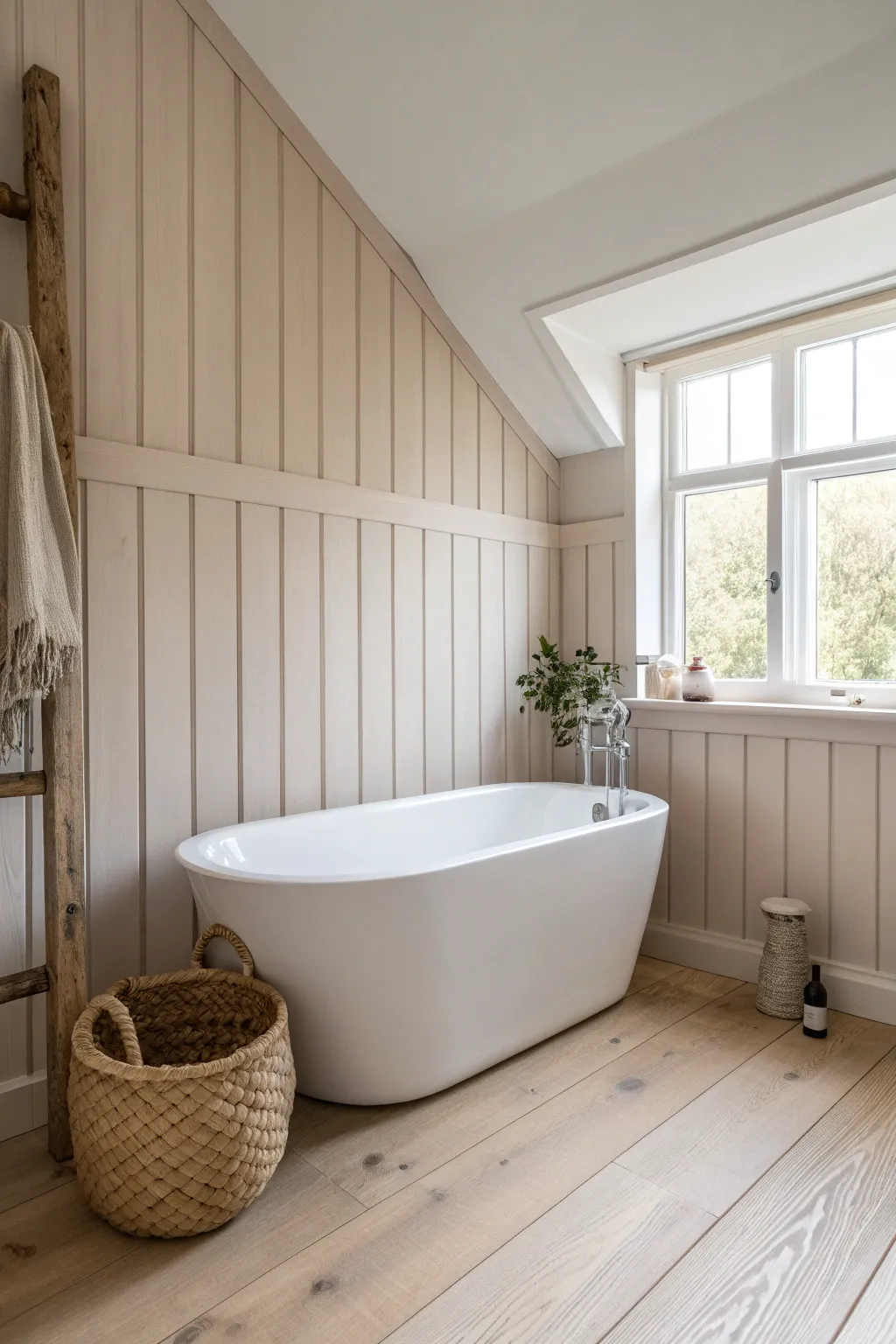 Embrace serenity with minimalistic board and batten design for a tranquil bathroom retreat.