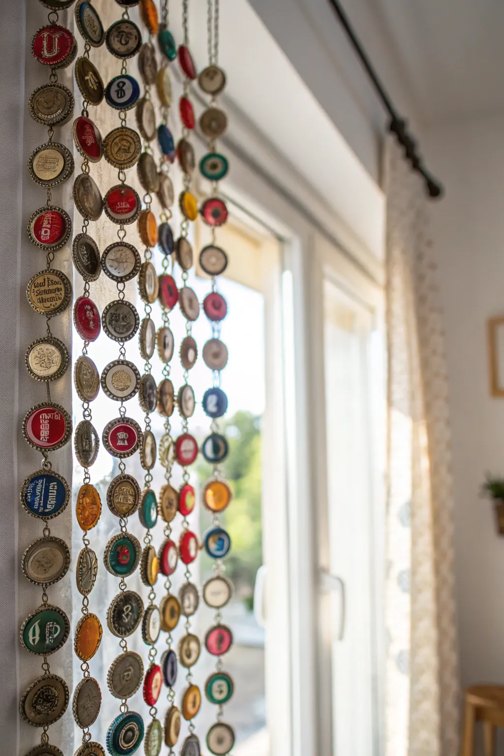 Transform your space with a touch of creativity: a stunning bottle cap curtain that blends Scandinavian minimalism with boho charm.