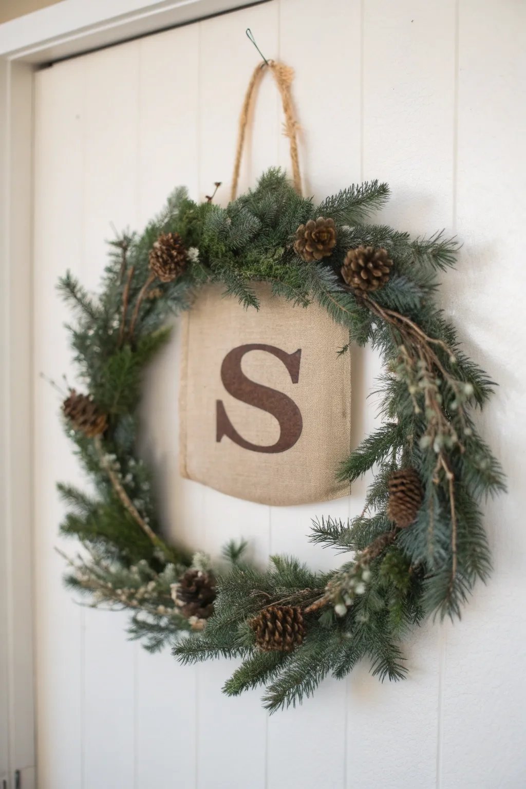 Embrace the holidays with a personalized touch—minimalist burlap monogram wreath for a warm, natural welcome.